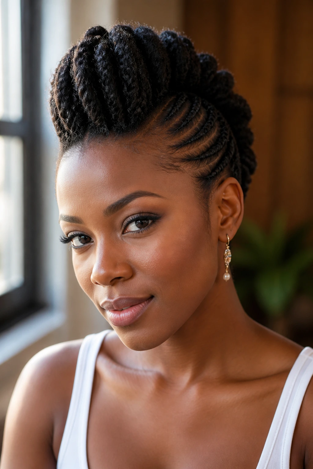 Portrait of a real Black woman with a faux hawk made of flat twists