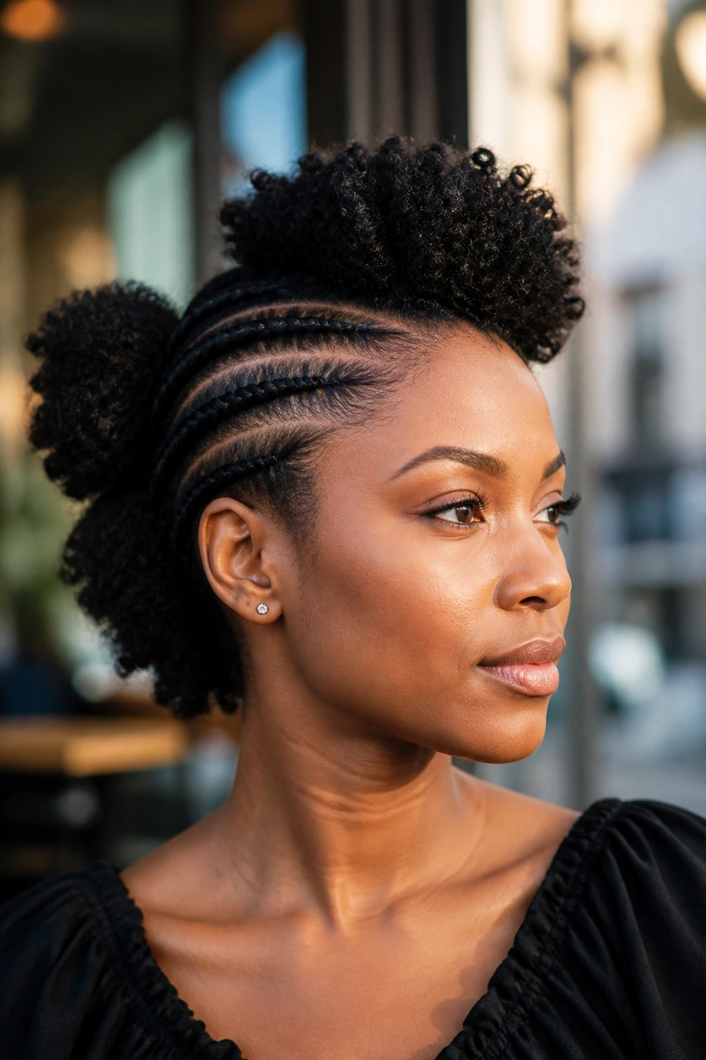 Close-up of a real woman with a faux hawk made of flat twists and puffs
