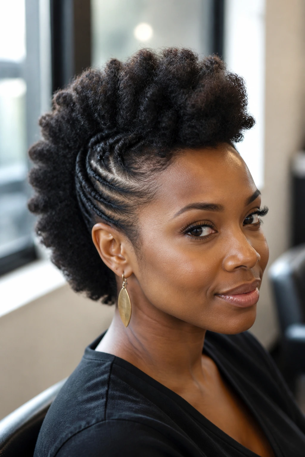 Close-up portrait of a person with a faux hawk created by flat twists on thick natural hair
