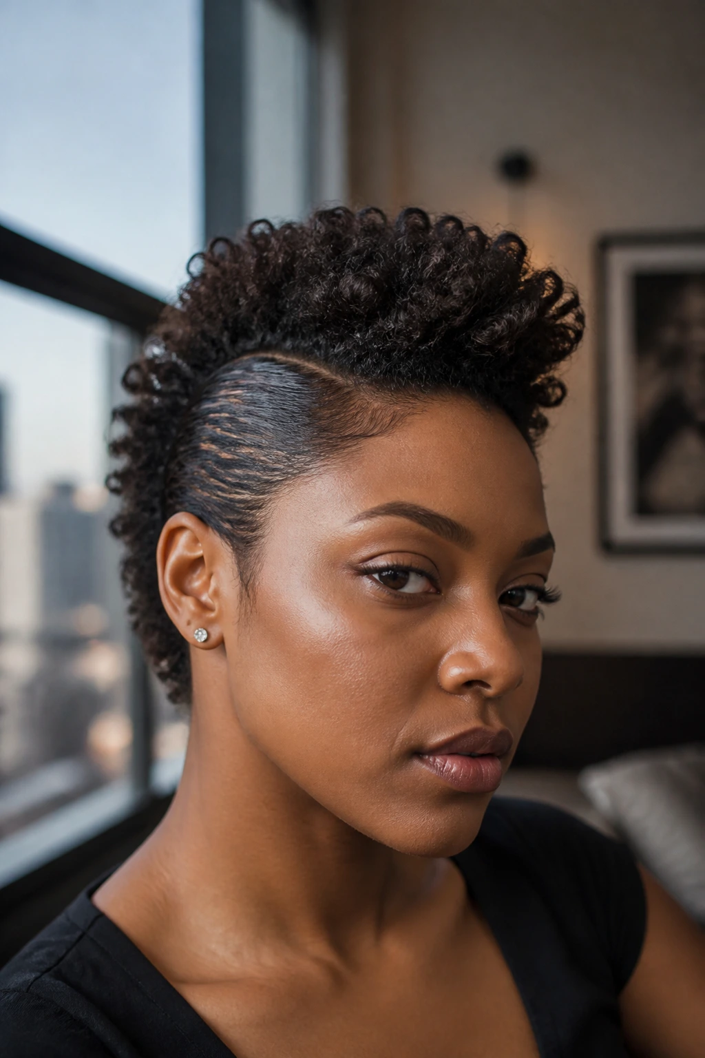 Close-up portrait of a real person with Faux Hawk With Gelled Sides showing gelled sides and center ridge