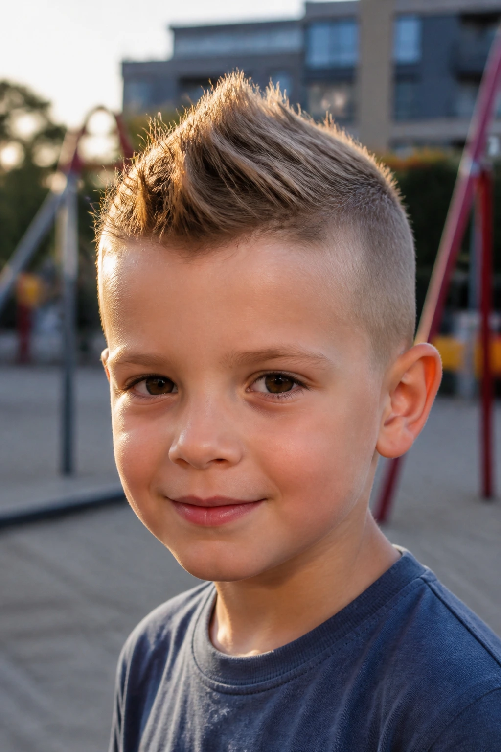 Portrait of a real boy with a subtle faux hawk in an urban playground.