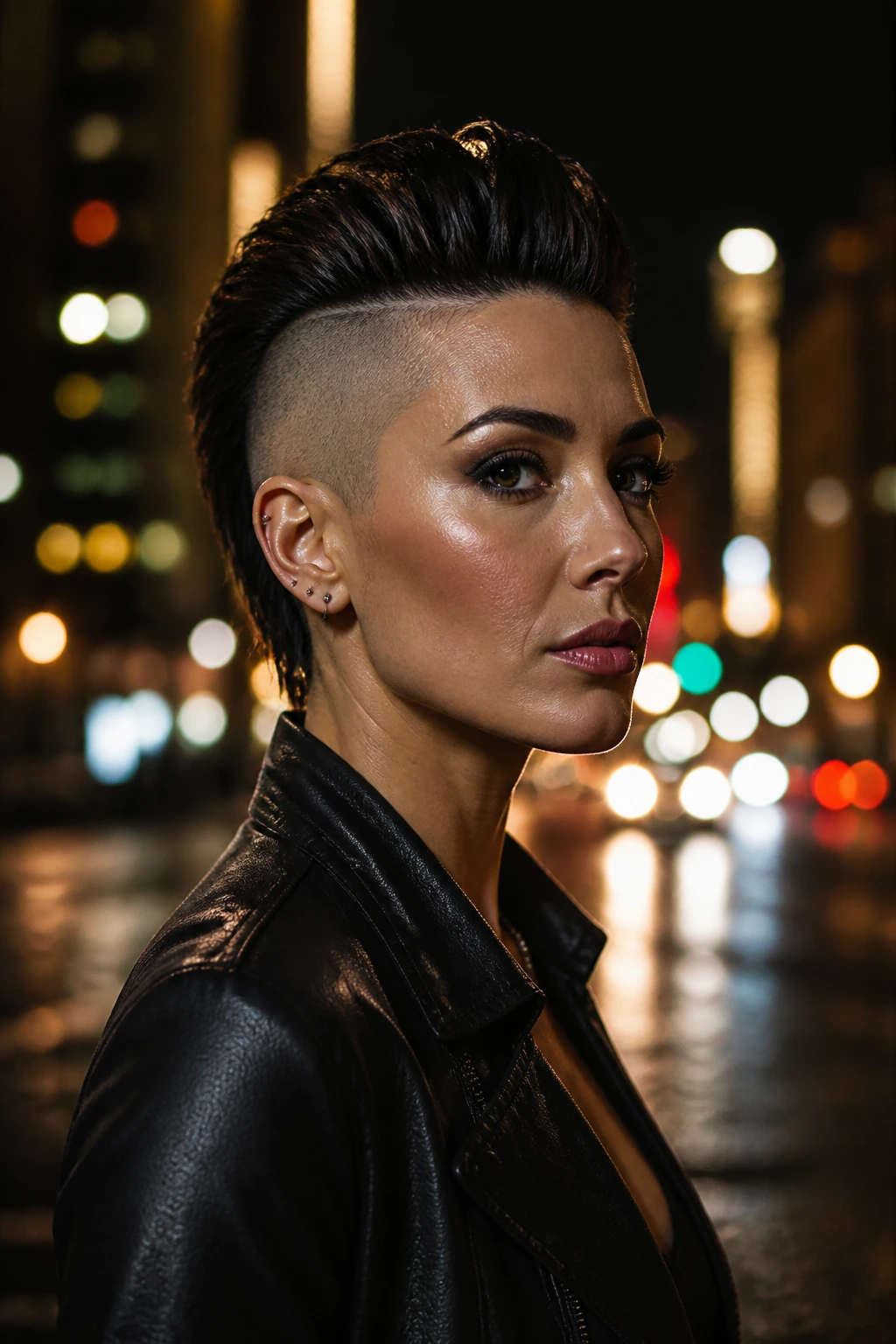 Close-up portrait of a real woman with a slicked-back power faux hawk in urban night setting