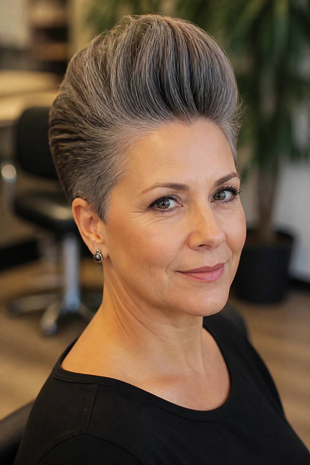 Close-up portrait of a real woman with a tall pompadour faux hawk in a salon setting.