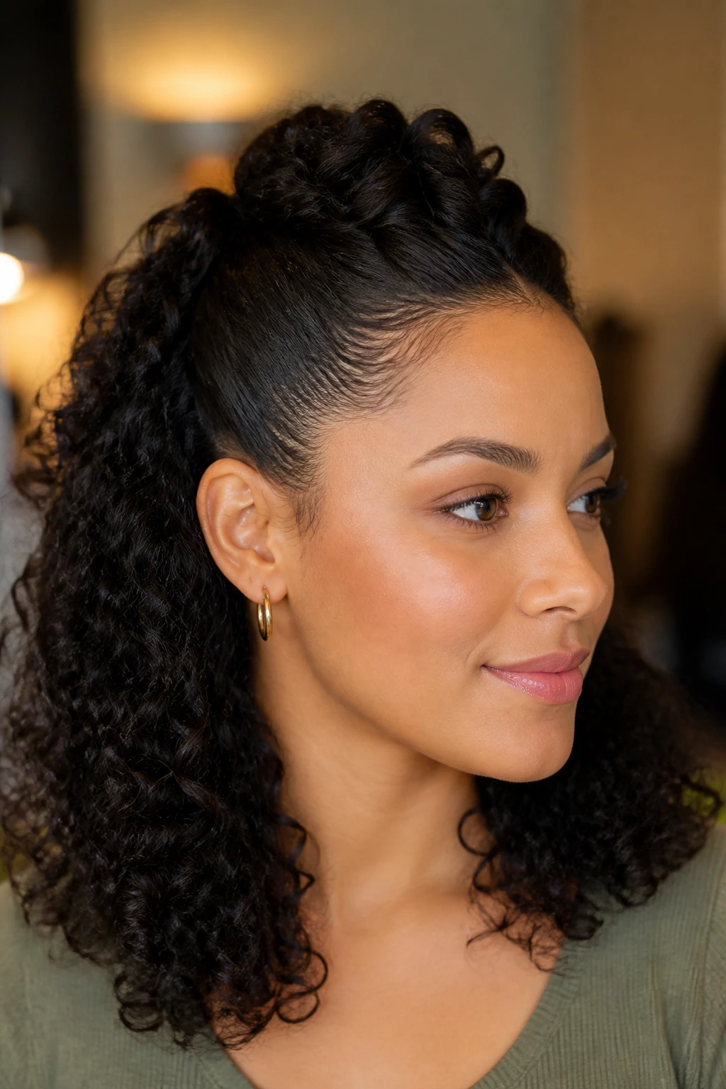 Close-up of a real woman's faux hawk half-up hairstyle with a defined crown ridge
