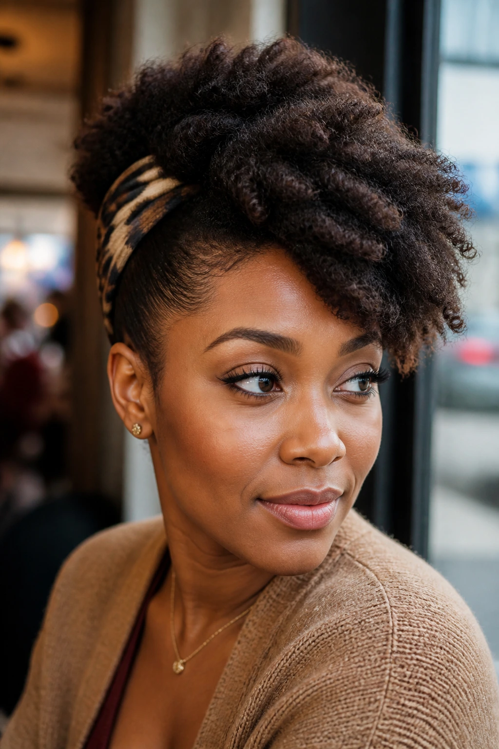 Real woman's side-swept faux hawk with headband, portrait shot.