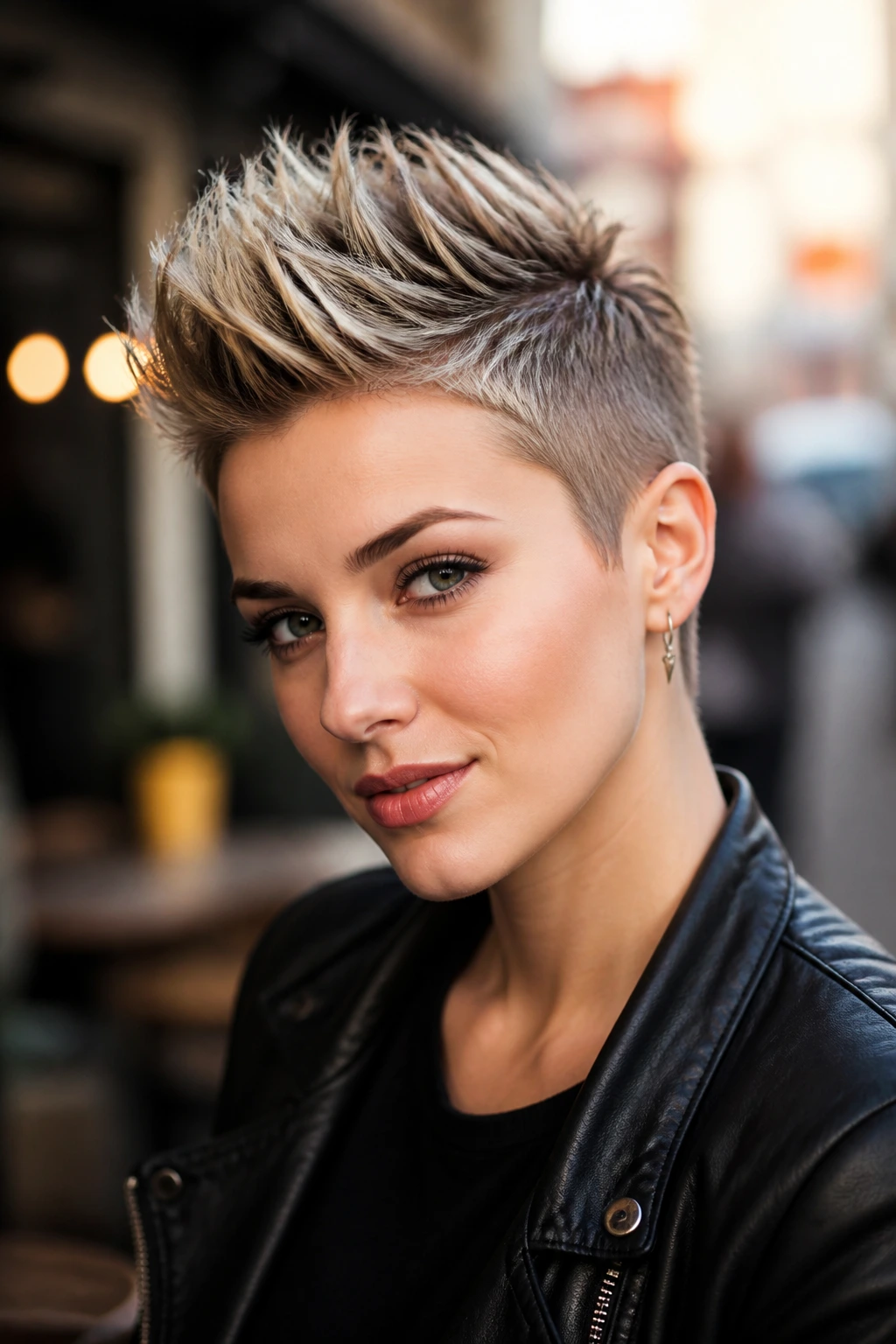 Portrait of a real person with a tall faux hawk height on a short haircut.