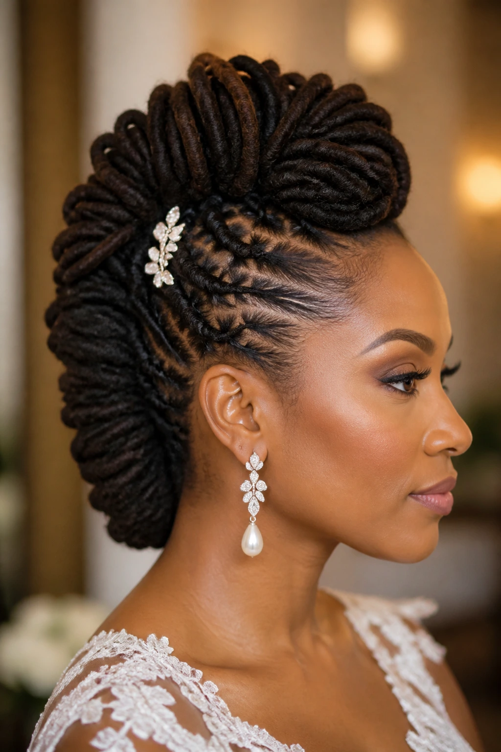 Real bride with sculpted faux hawk loc hairstyle side profile