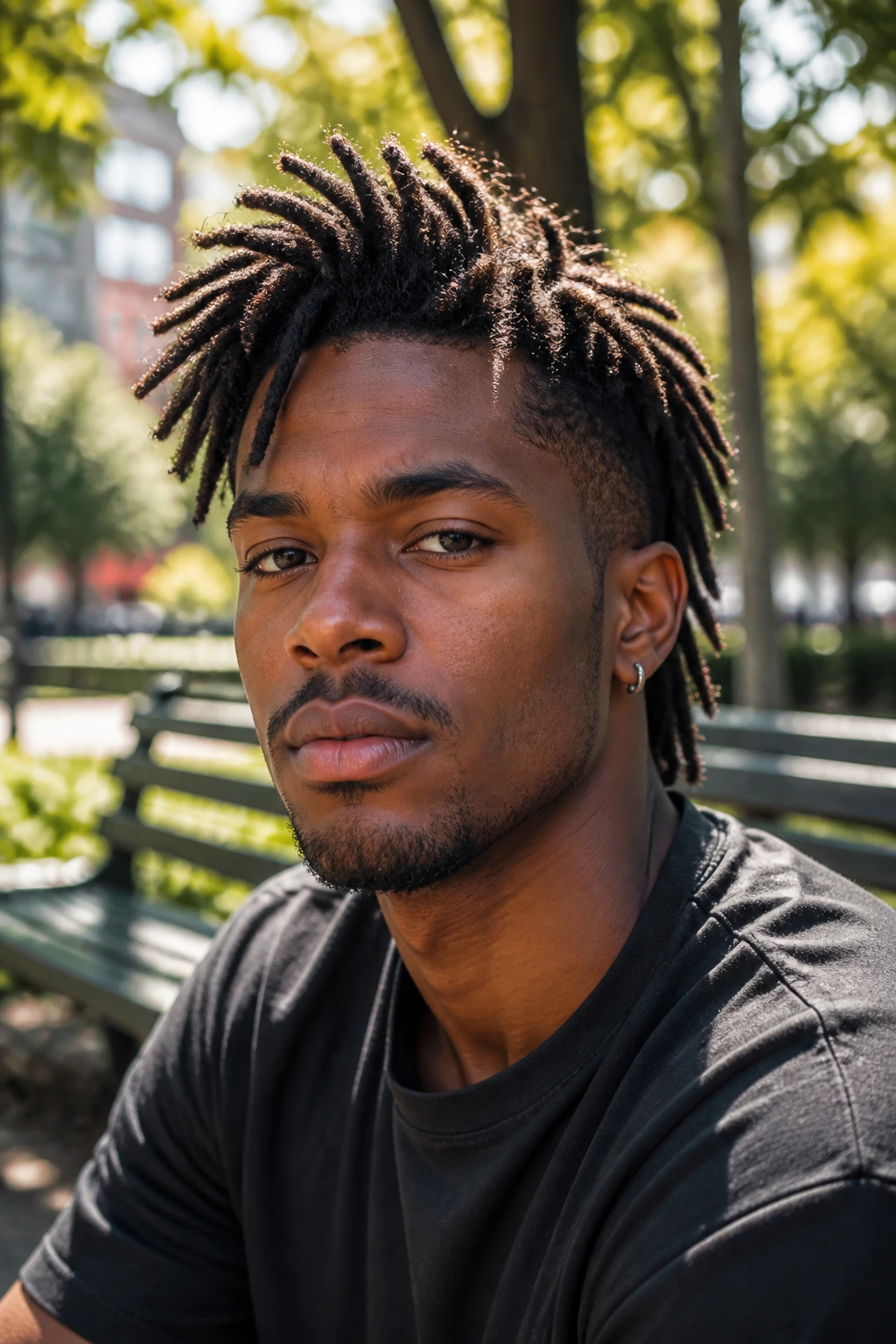 Close-up of a person with a faux hawk locs in a sunlit park.