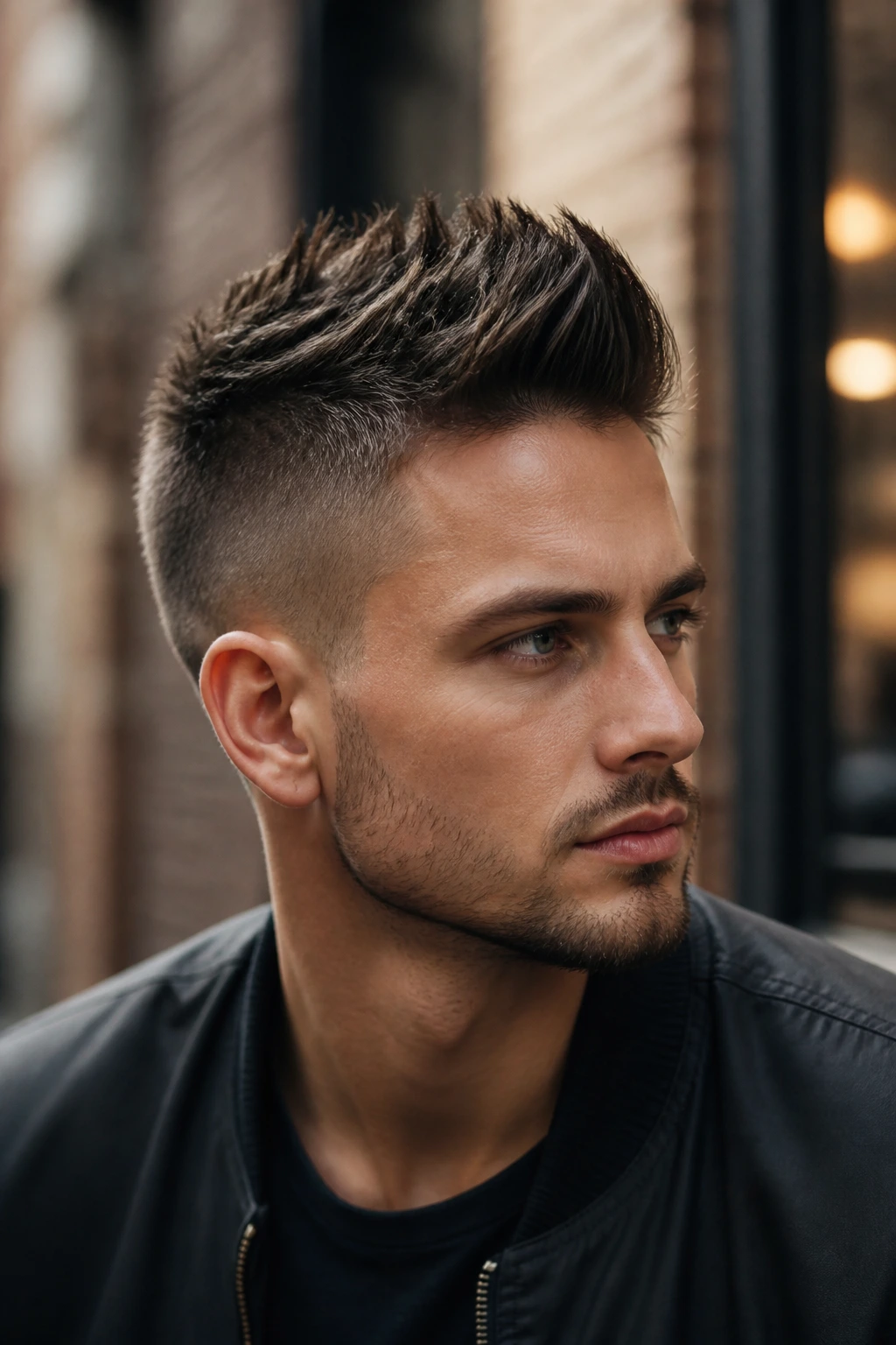 Close-up of man with faux hawk hairstyle.