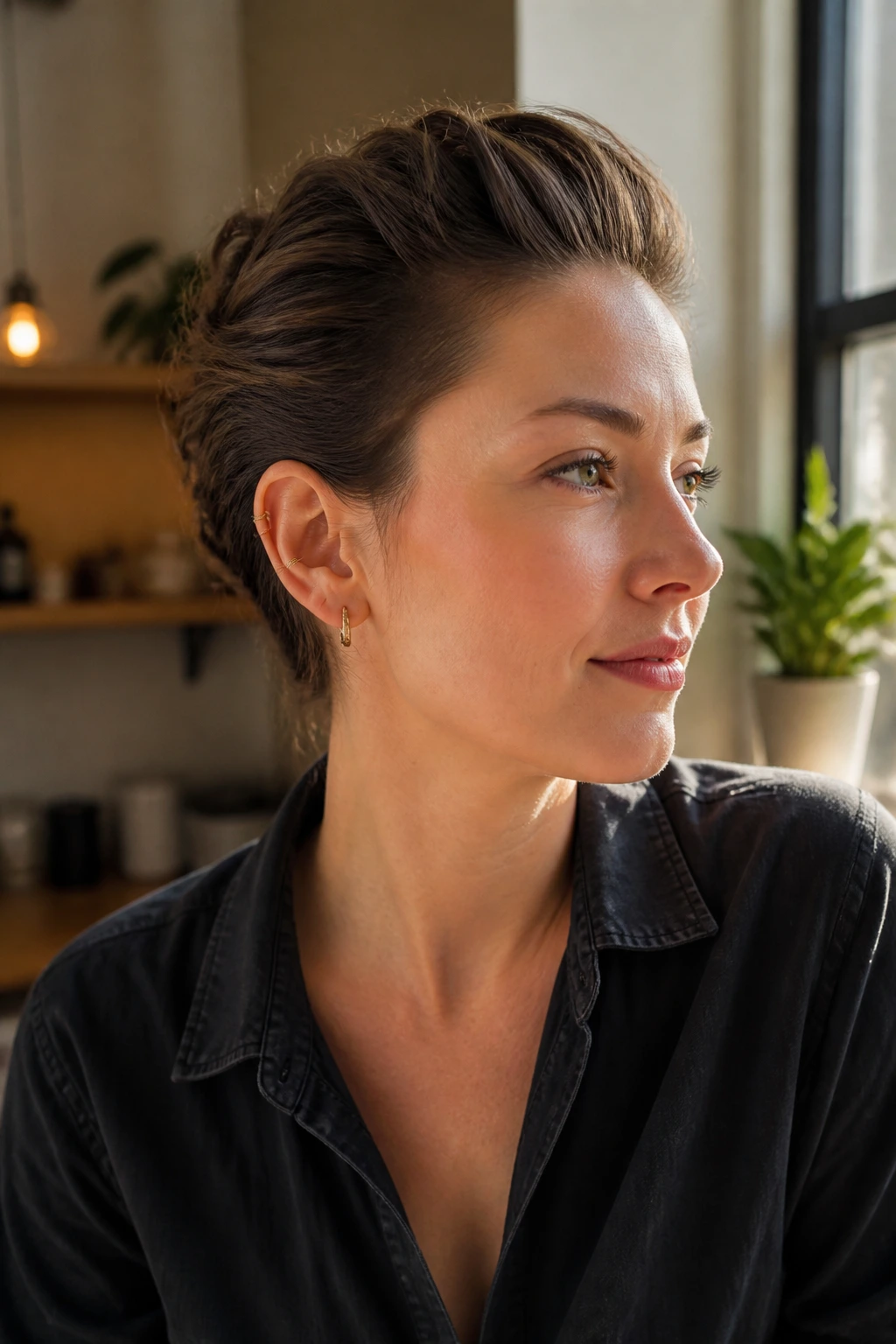 Close-up of woman with minimalist low faux hawk hairstyle in a sunlit setting