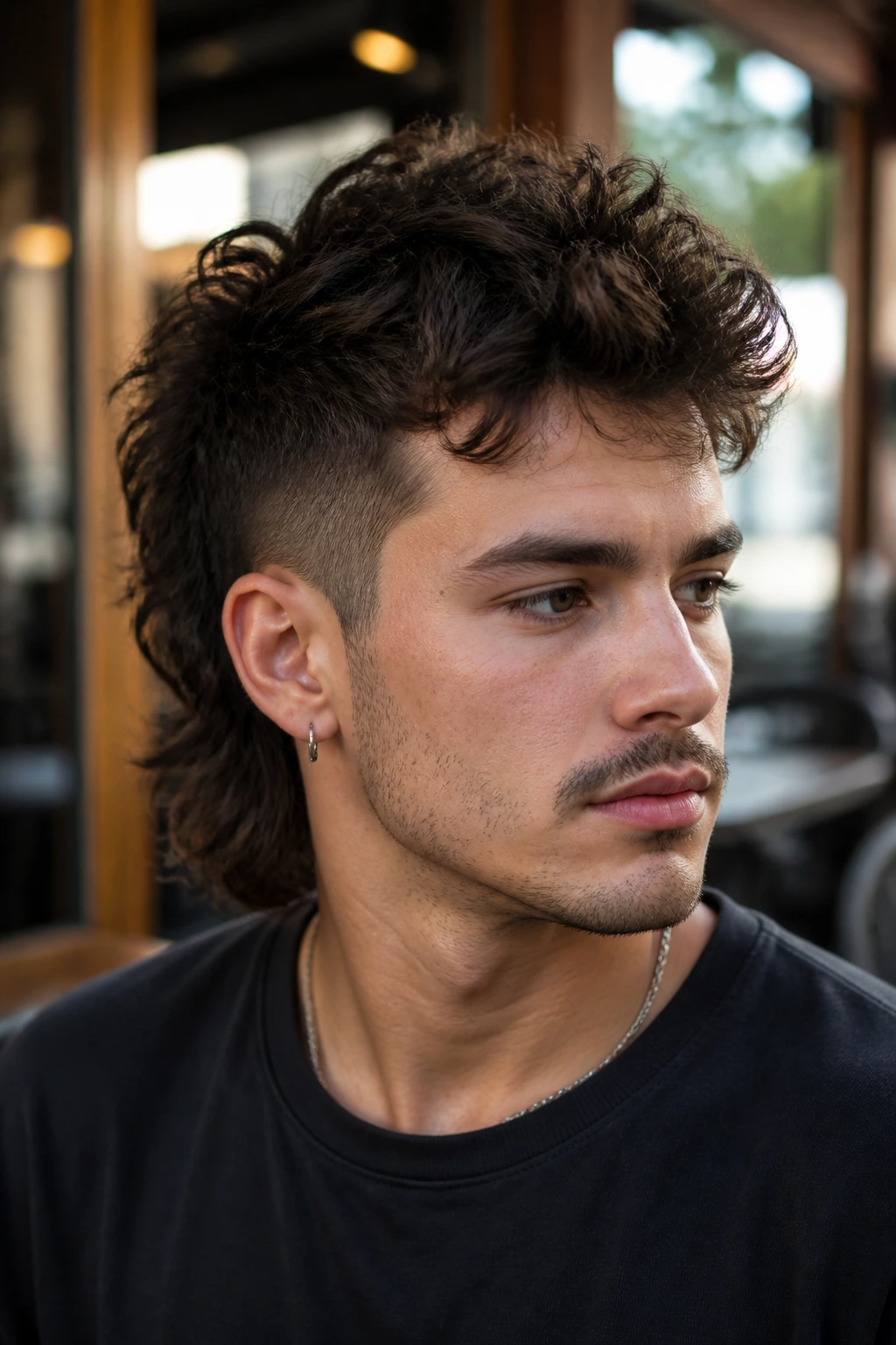 Close-up of a real person with a faux hawk mullet showing center ridge and tight sides.