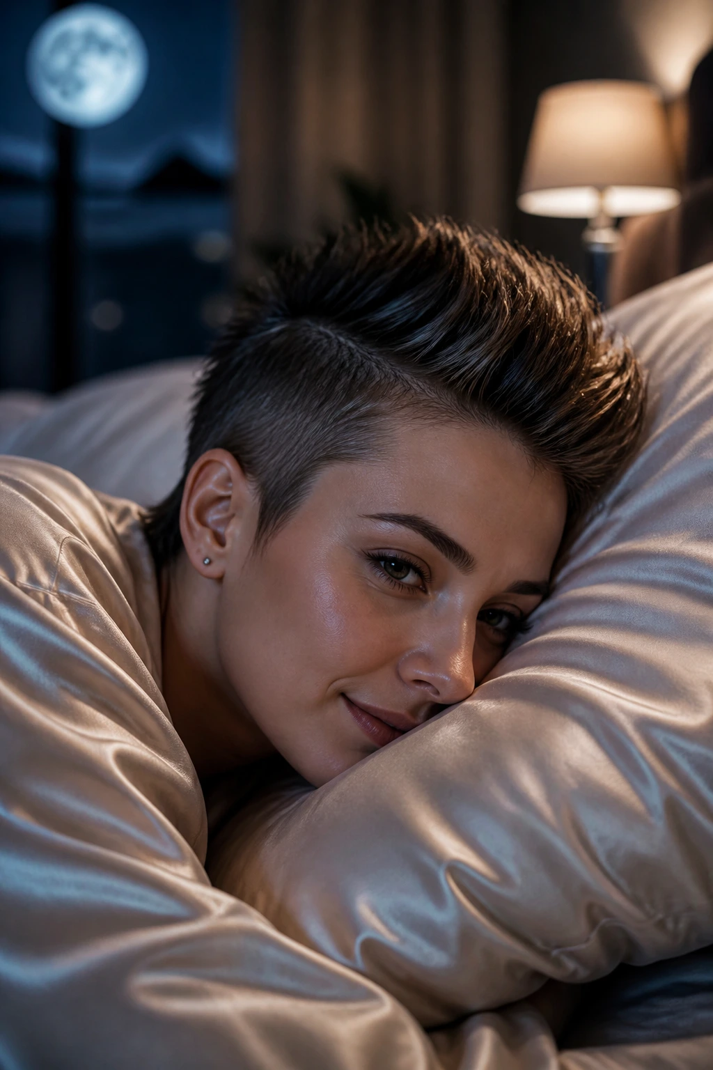 Portrait of a real person sleeping on satin pillow with faux hawk ridge preserved