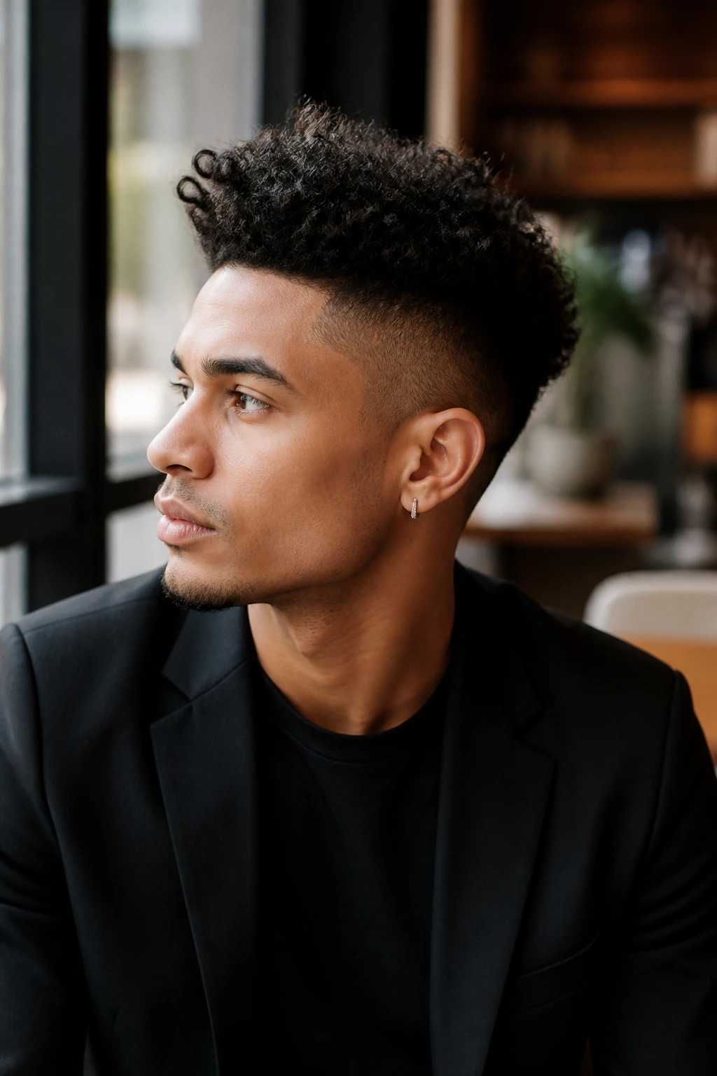 Portrait of a real person with a faux hawk and stylish outfit in an urban setting