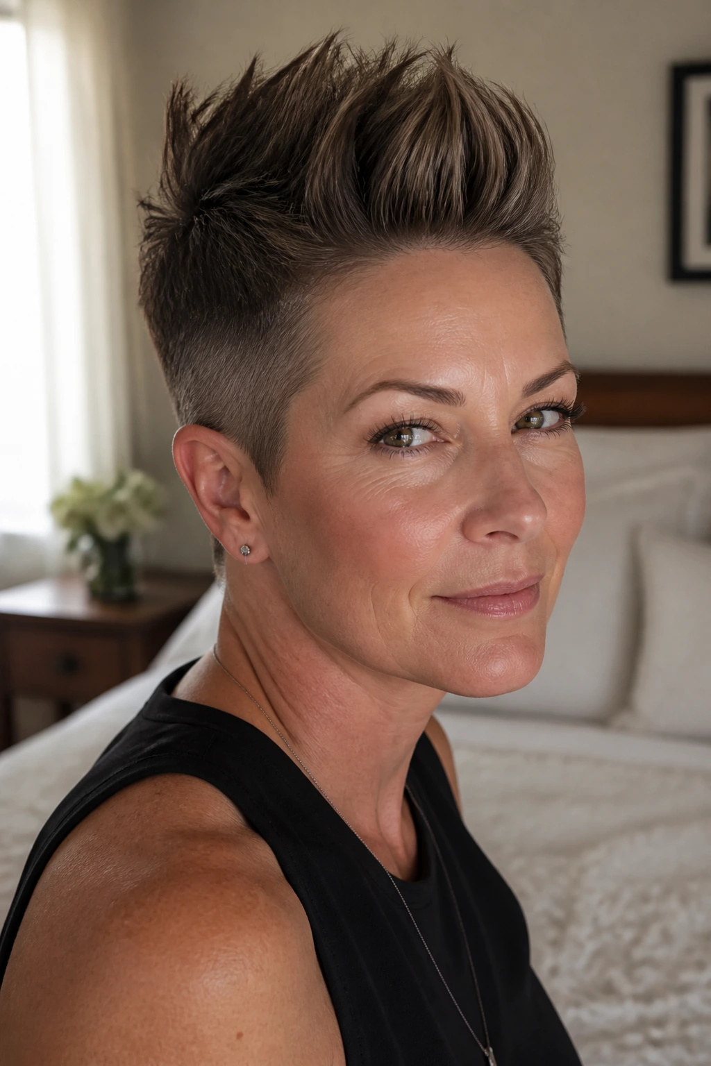 Close-up portrait of a real woman over 40 with a fresh faux hawk in natural window light