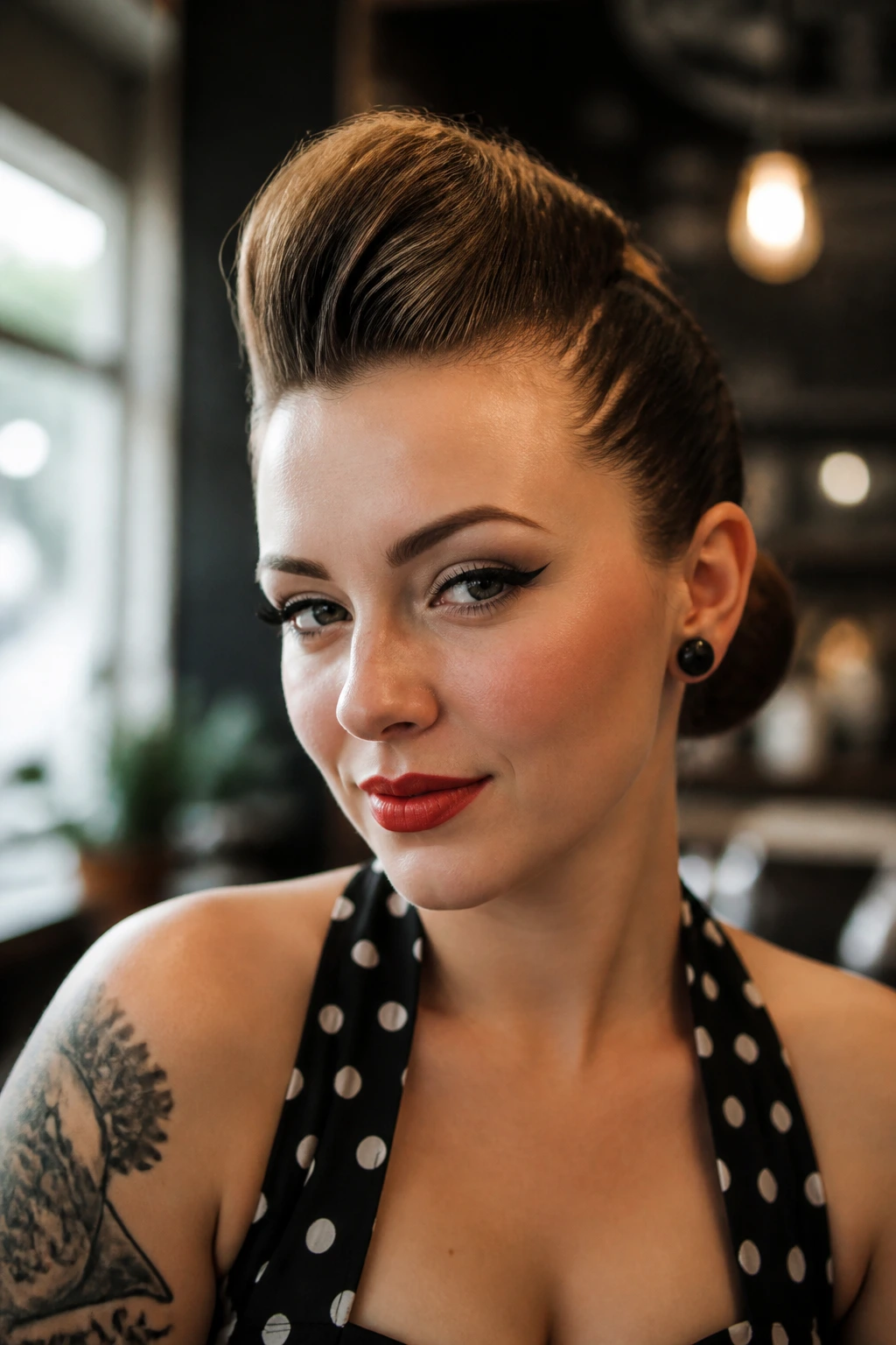 Close-up of a real woman with a faux hawk pin-up hairstyle and tucked knot at the nape.