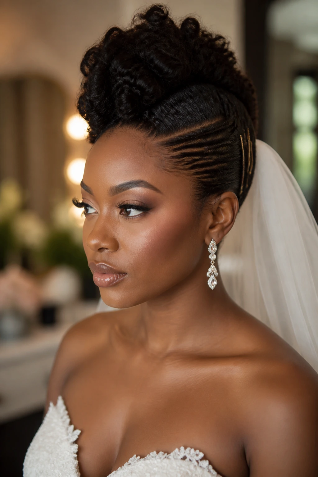 Close-up of a real bride with a faux hawk and pinned sides