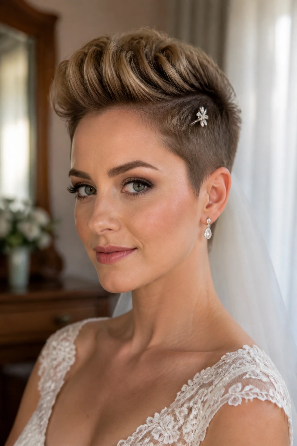 Close-up of a real bride with a centered faux hawk pixie and bridal polish in a softly lit suite
