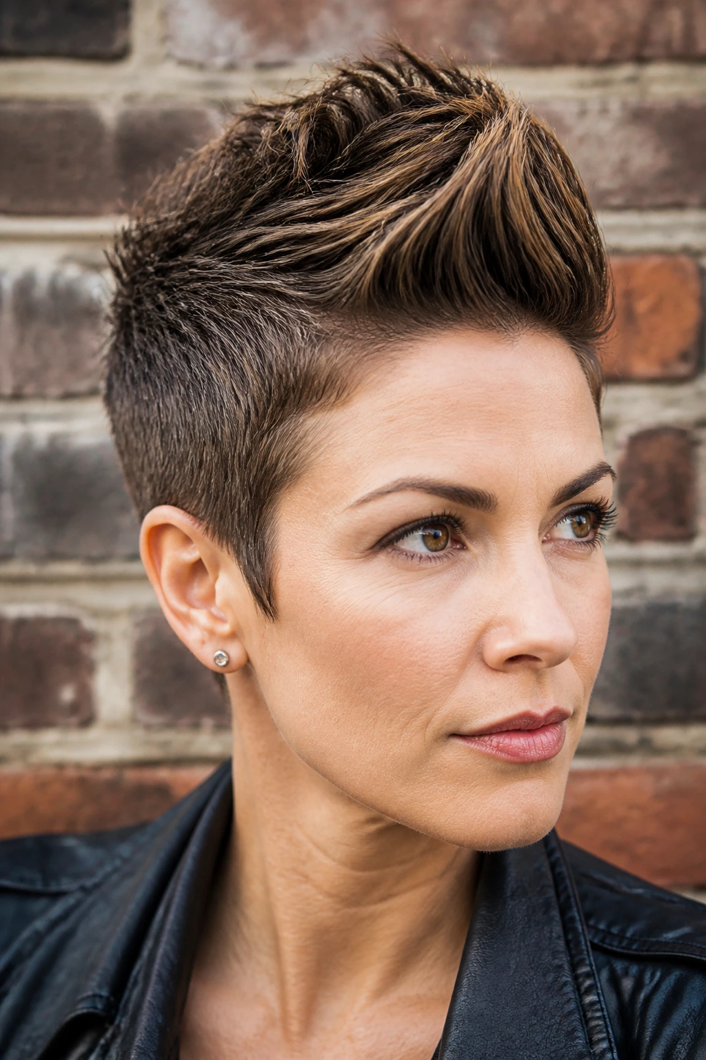 Close-up of real person with faux hawk pixie against urban brick wall