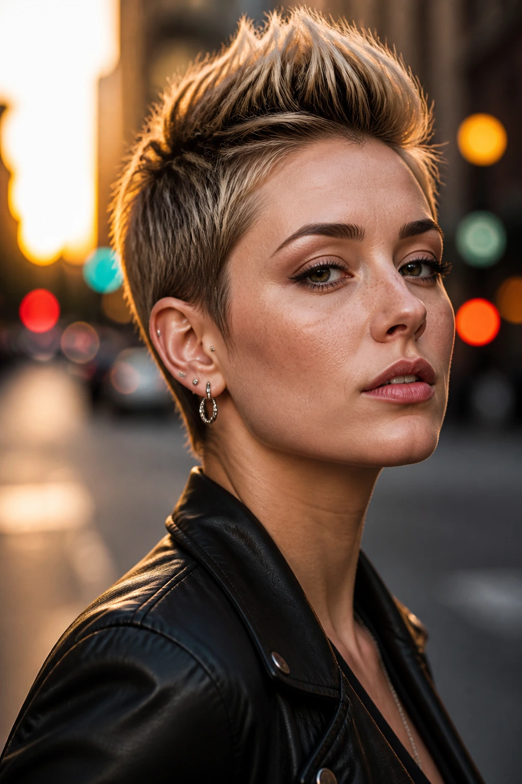 Portrait of a person with a faux hawk pixie on an urban street at golden hour
