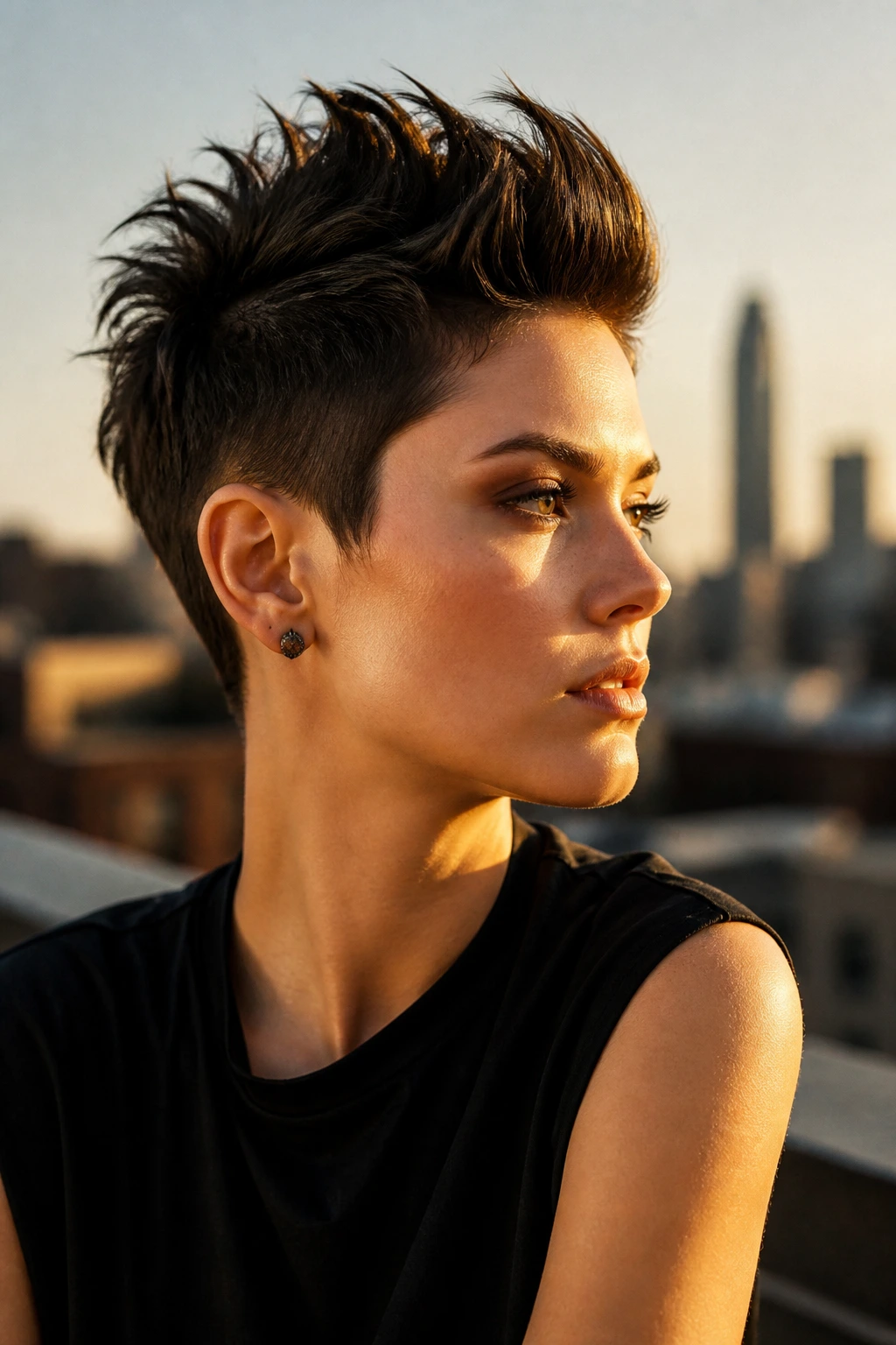 Portrait of real person with faux-hawk pixie on rooftop at golden hour