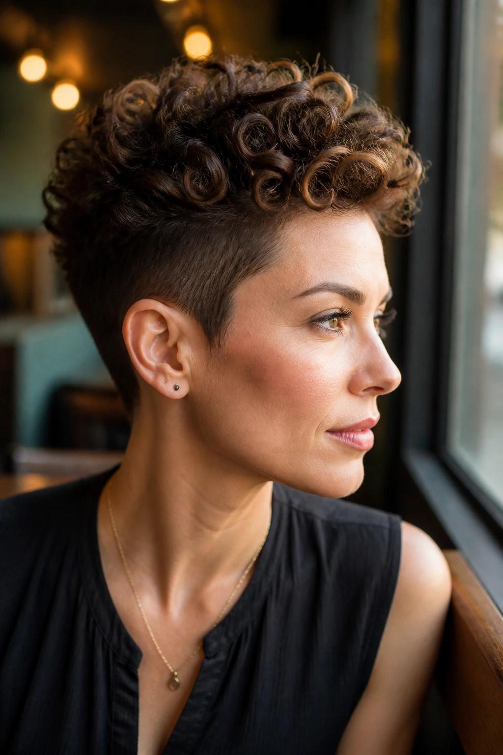 Close-up of a real woman with a faux-hawk pixie showing a ridge along the center
