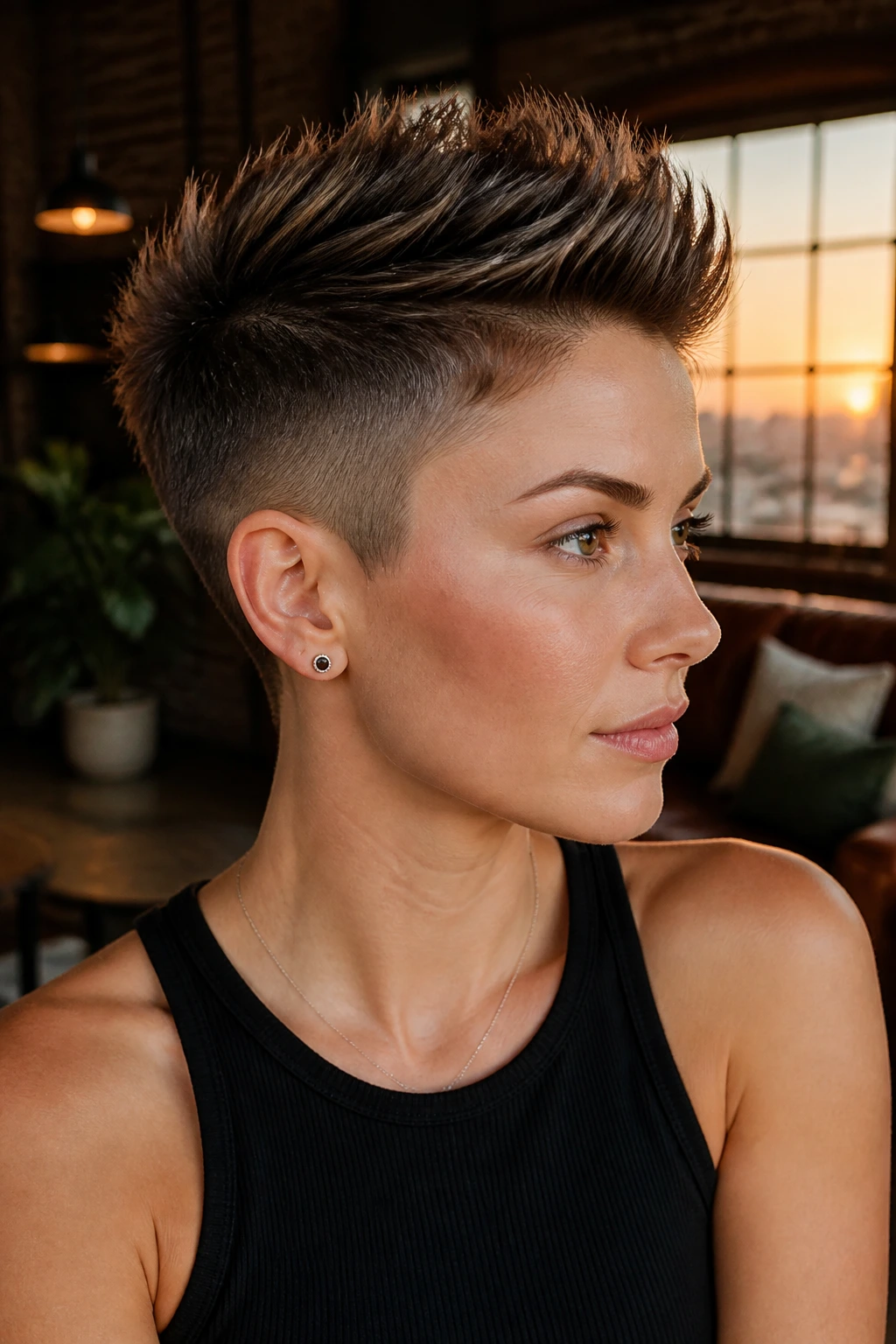 Portrait of a real woman with faux hawk pixie and tapered sides
