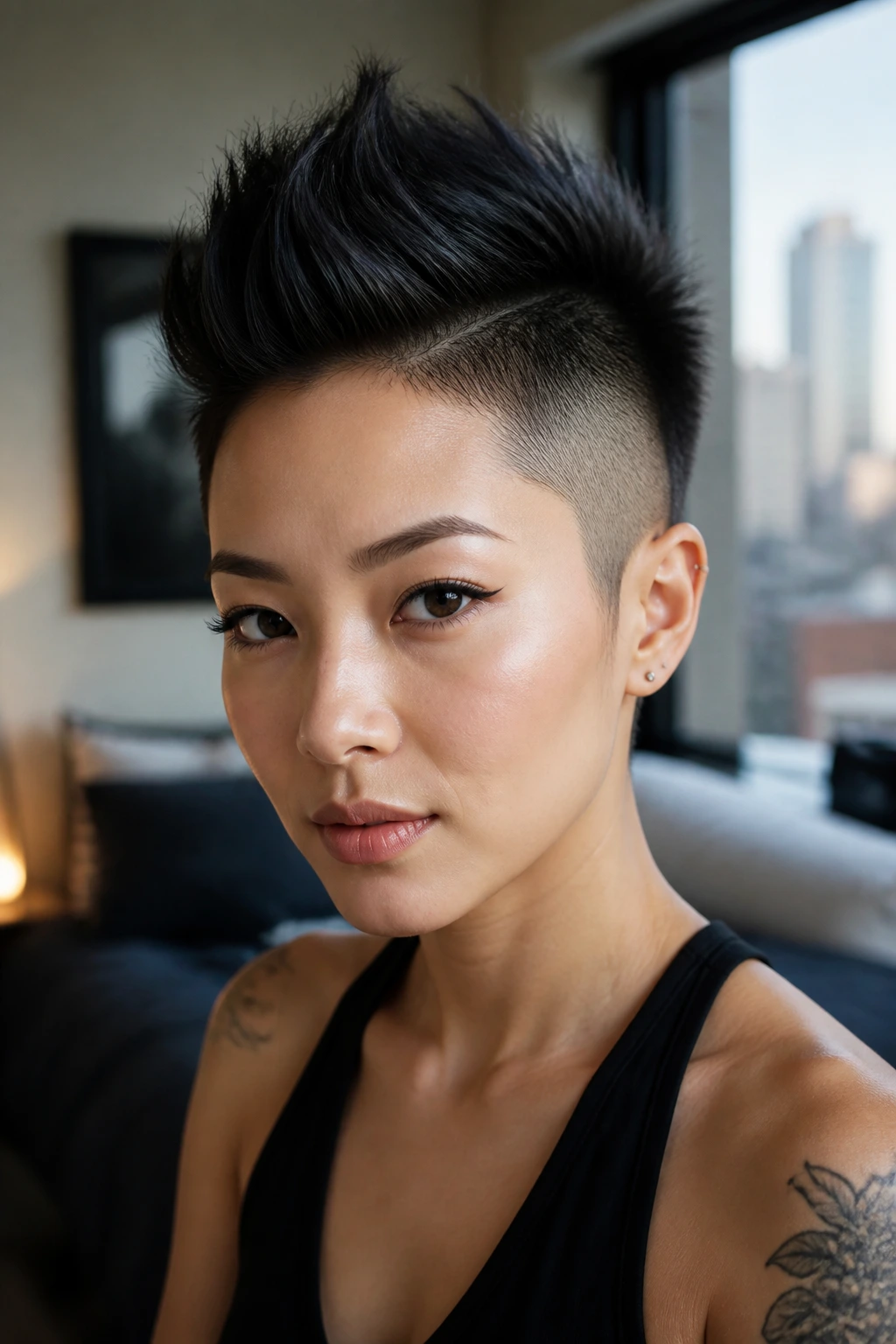 Portrait of a real woman wearing a faux hawk pixie hairstyle.