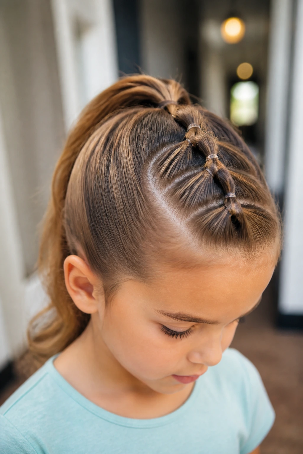Close-up of a child with a faux hawk ponytail showing center ridge and back pony