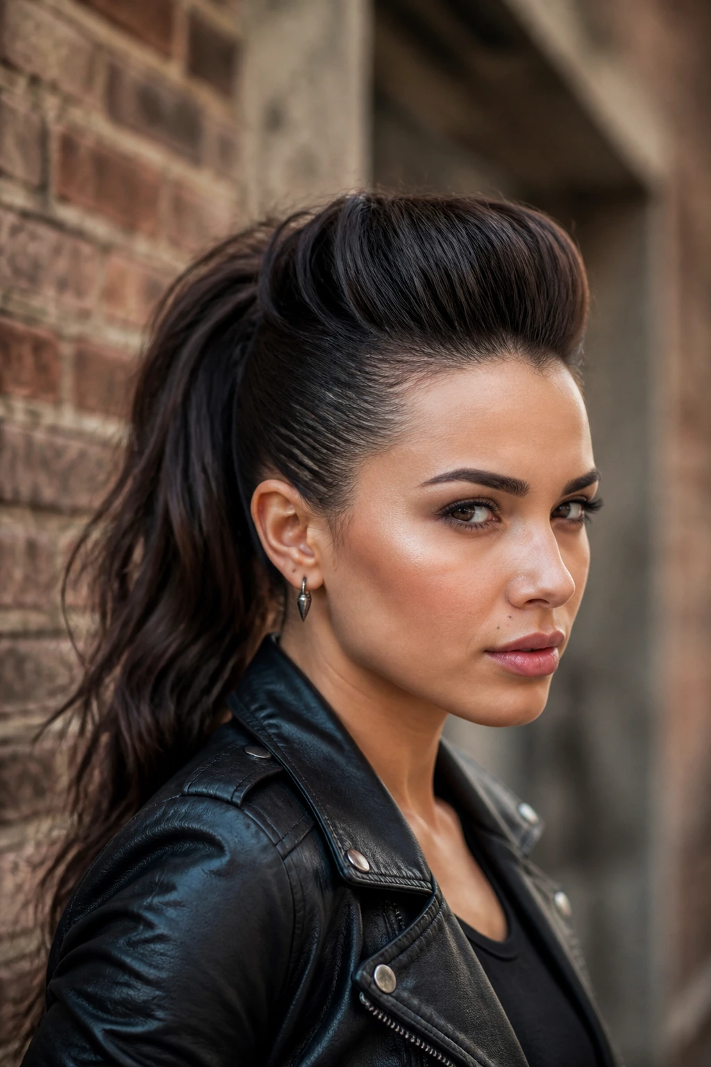 Close-up of a real woman with a high faux hawk ponytail against a brick street backdrop.