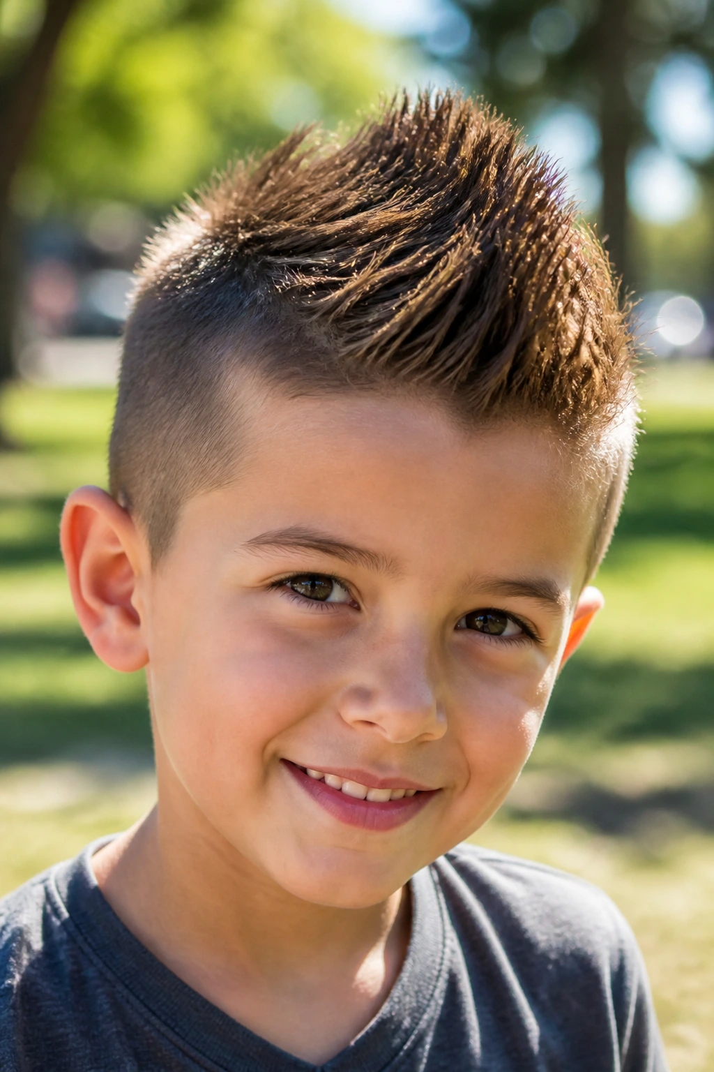 Portrait of a real boy with a faux hawk, center strip raised, outdoor background.