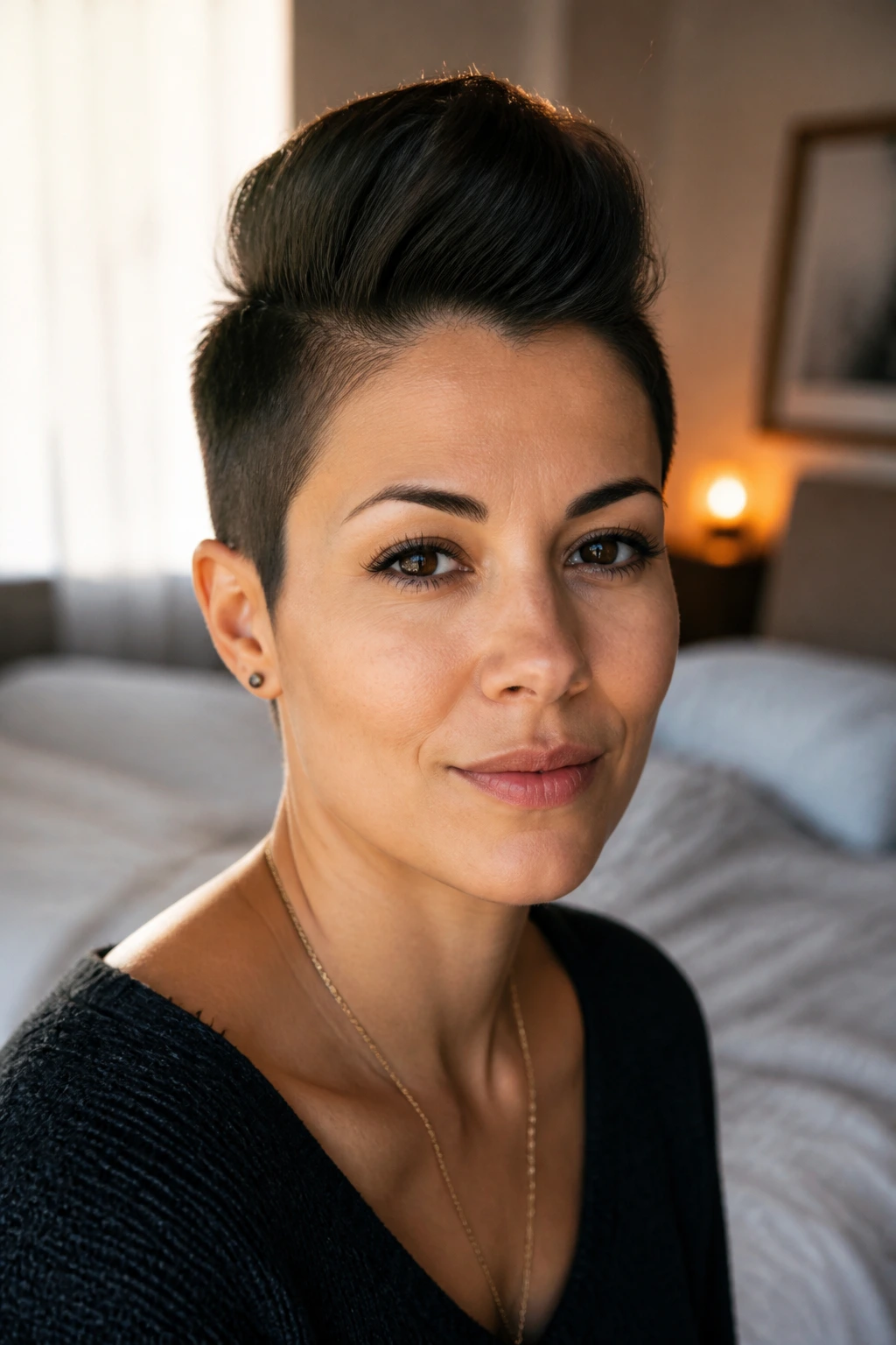 Close-up portrait of a real woman with a subtle faux hawk under window light