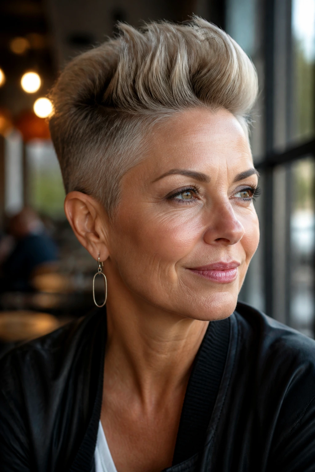 Close-up of real woman with sculpted faux hawk in warm cafe light