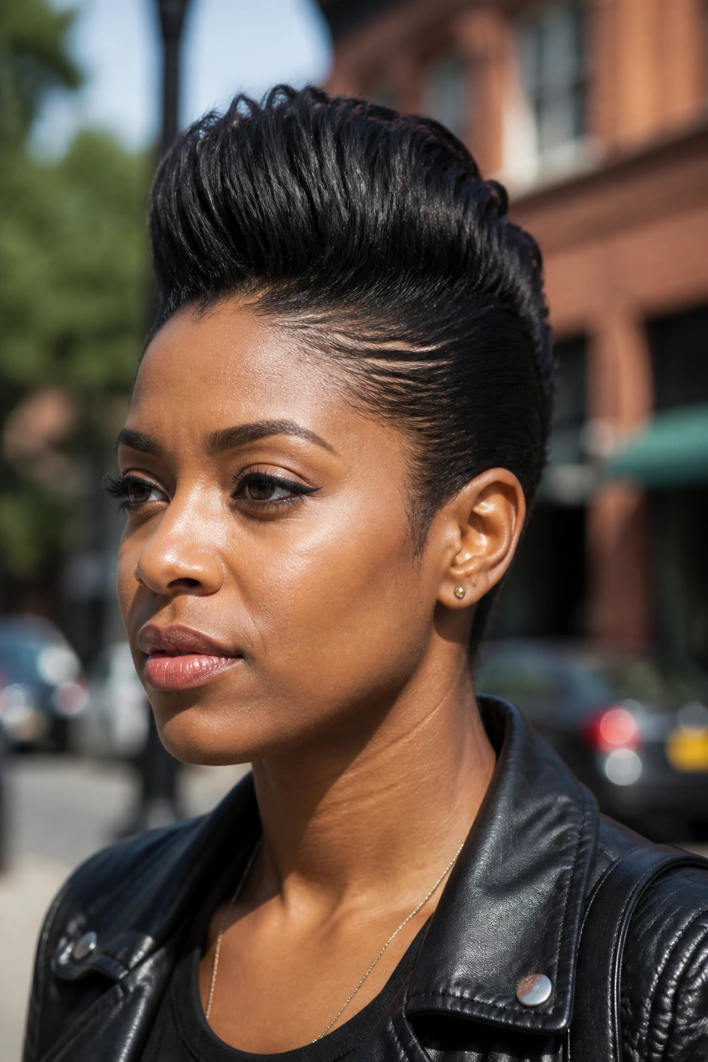 Close-up portrait of a woman with a No-Shave Faux Hawk in daylight.