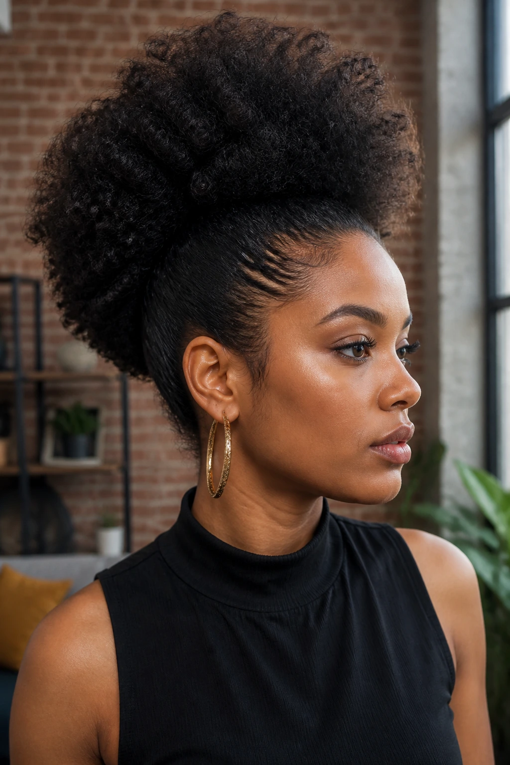 Profile of a real person with a faux hawk puff on frizzy hair