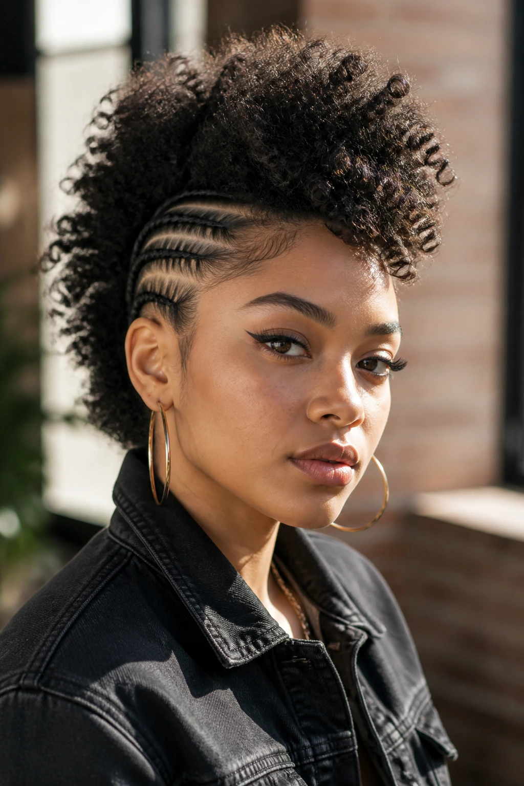 Close-up portrait of a real person with a faux hawk puff hairstyle