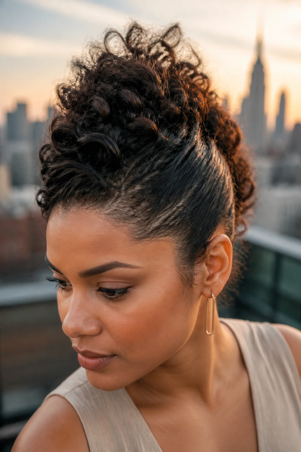 Close-up of a real woman with a faux hawk puff, crown ridge and pinned sides at golden hour rooftop background.