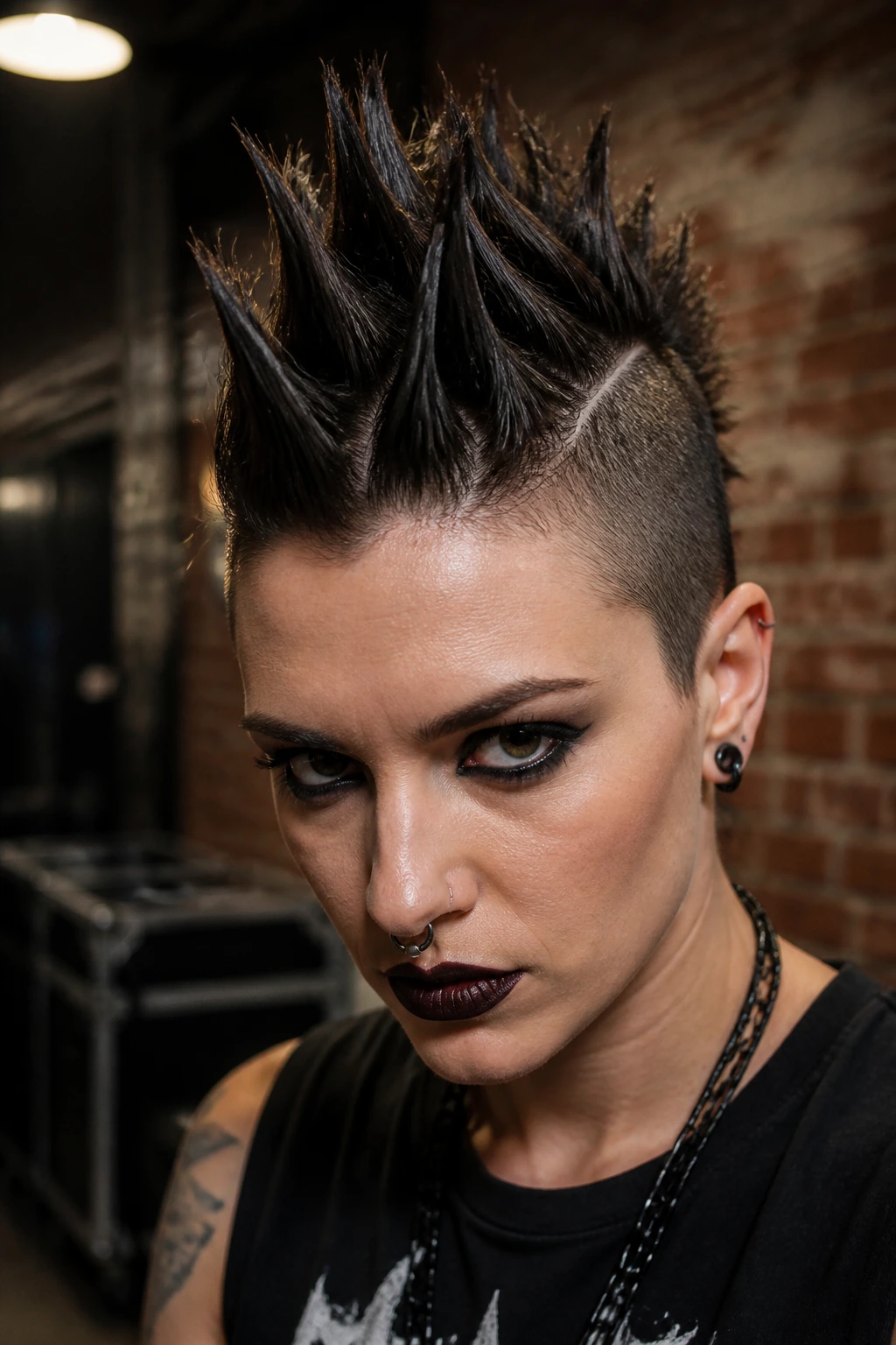 Close-up of woman with punk spike faux hawk hairstyle in a backstage venue