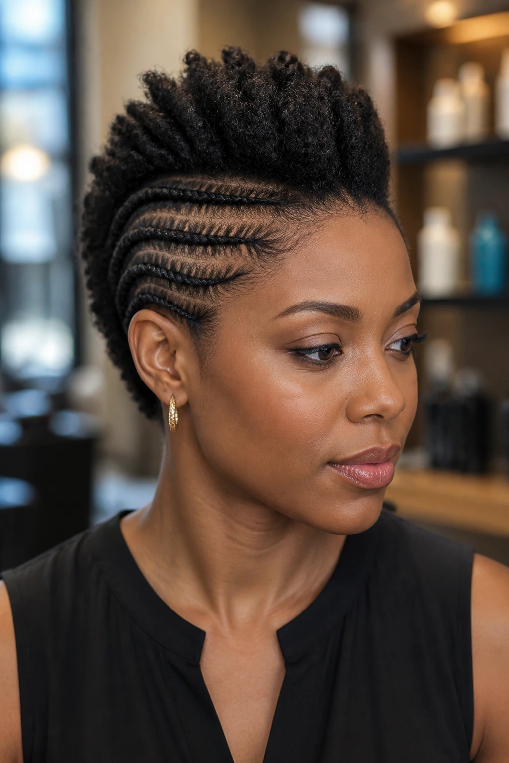 Close-up portrait of a real person with a faux hawk created by flat-twist rails on short natural hair