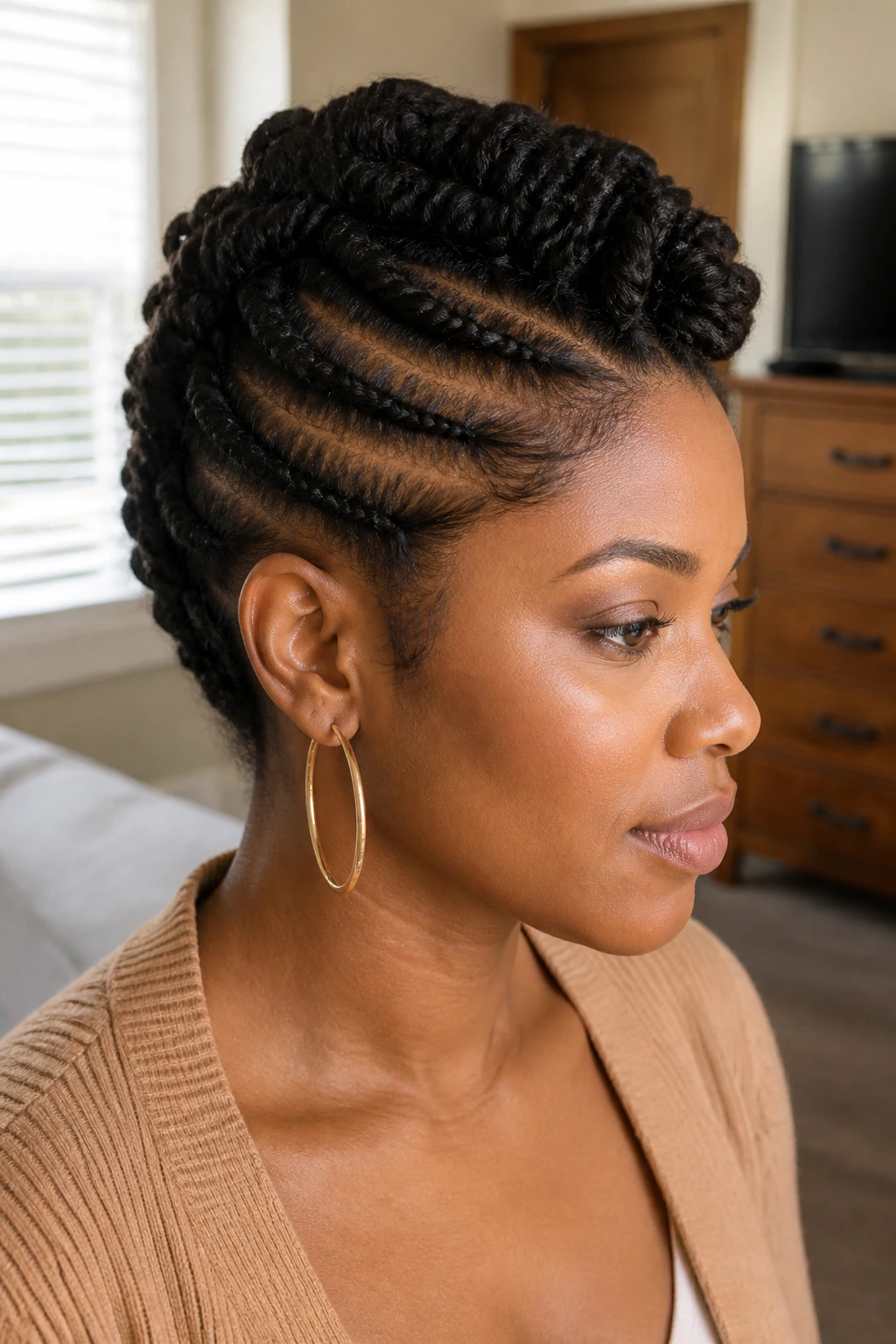Close-up of woman with rope-twist protective faux hawk hairstyle in a softly lit bedroom