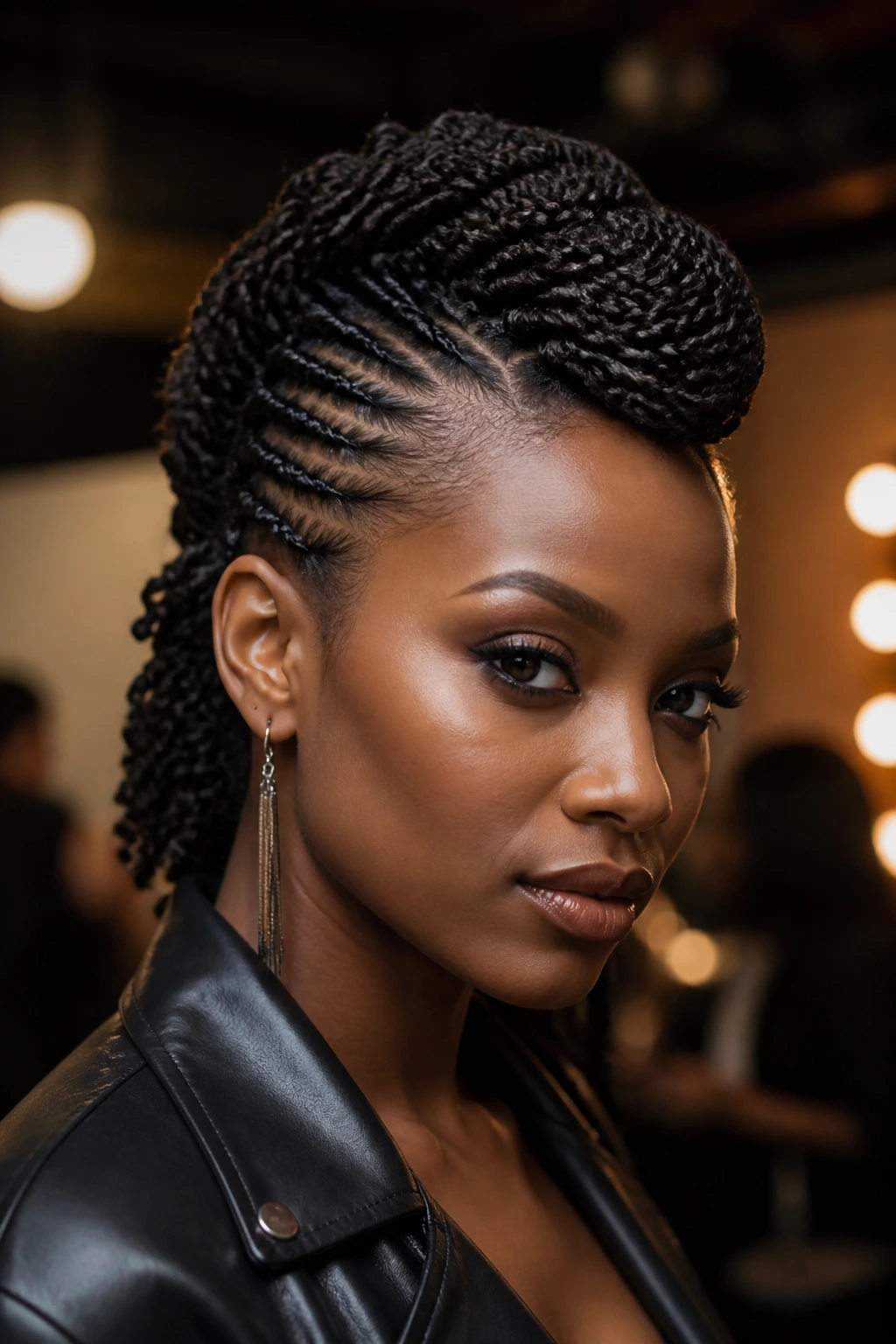 Close-up of a real person with a dramatic faux hawk made from medium-length Senegalese twists