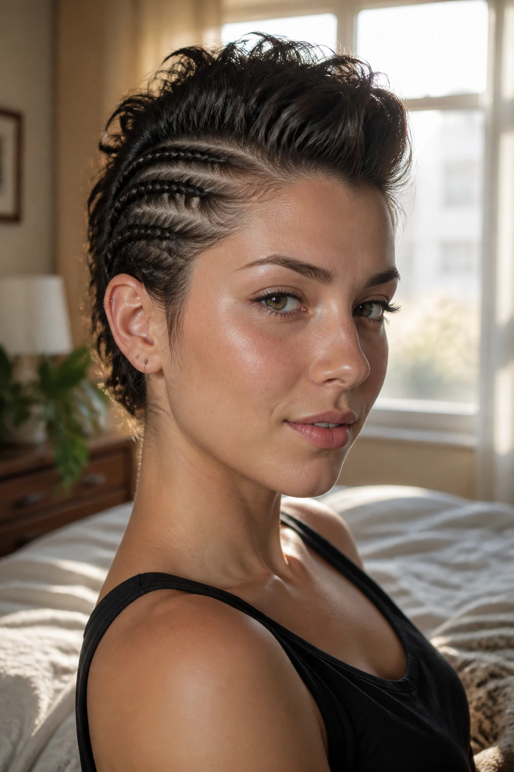 Close-up portrait of a real woman with a defined faux hawk shape and lifted ridge.