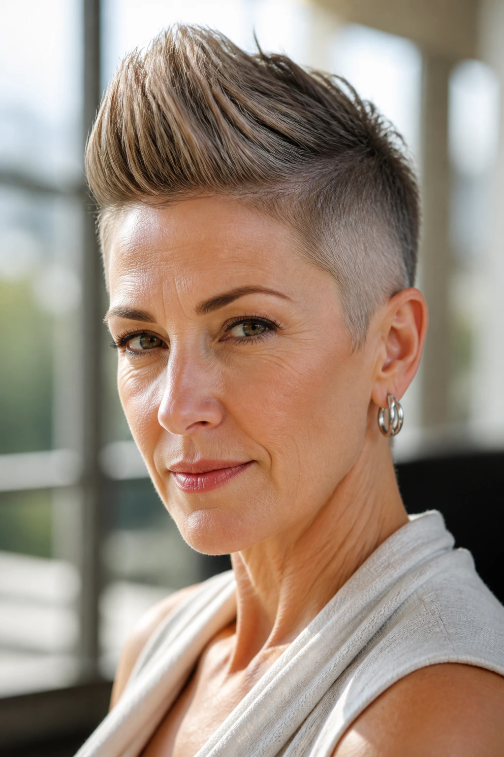 Close-up showing the silhouette of a faux hawk on a real person