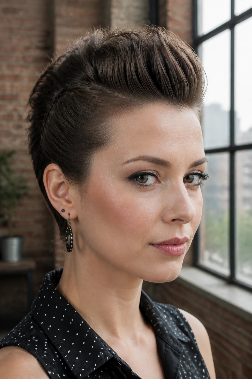 Close-up of a real woman with a faux hawk pin-up hairstyle