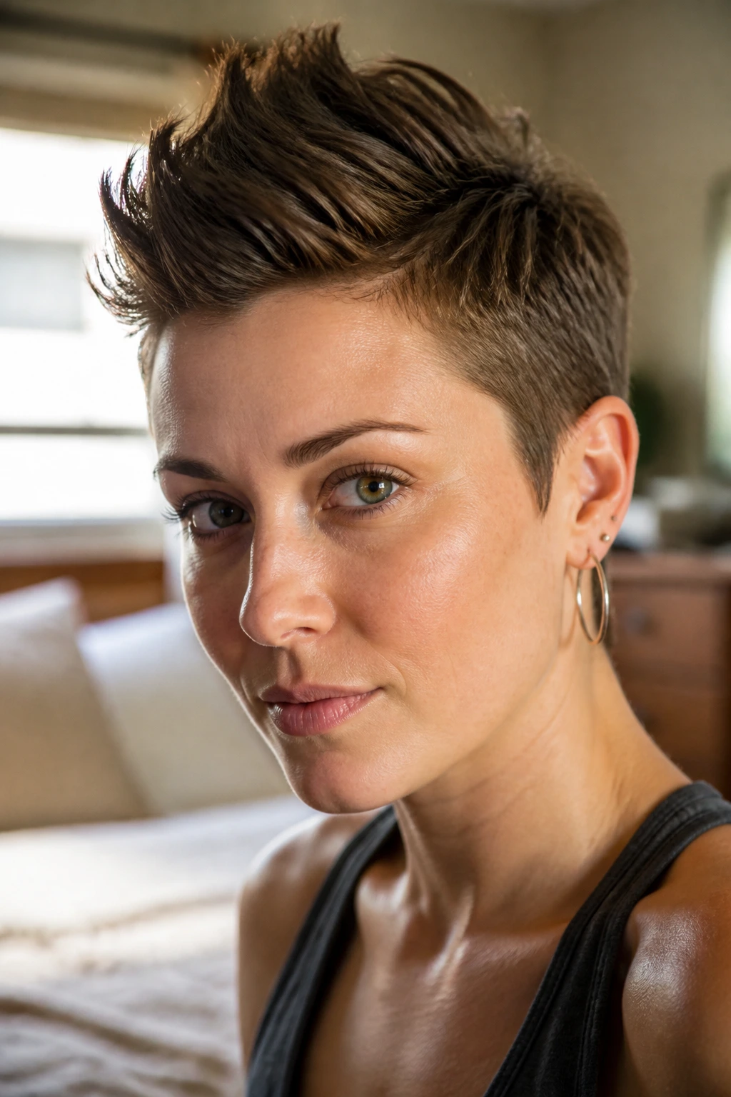 Close-up portrait of a real person with short hair showing a subtle faux hawk center ridge