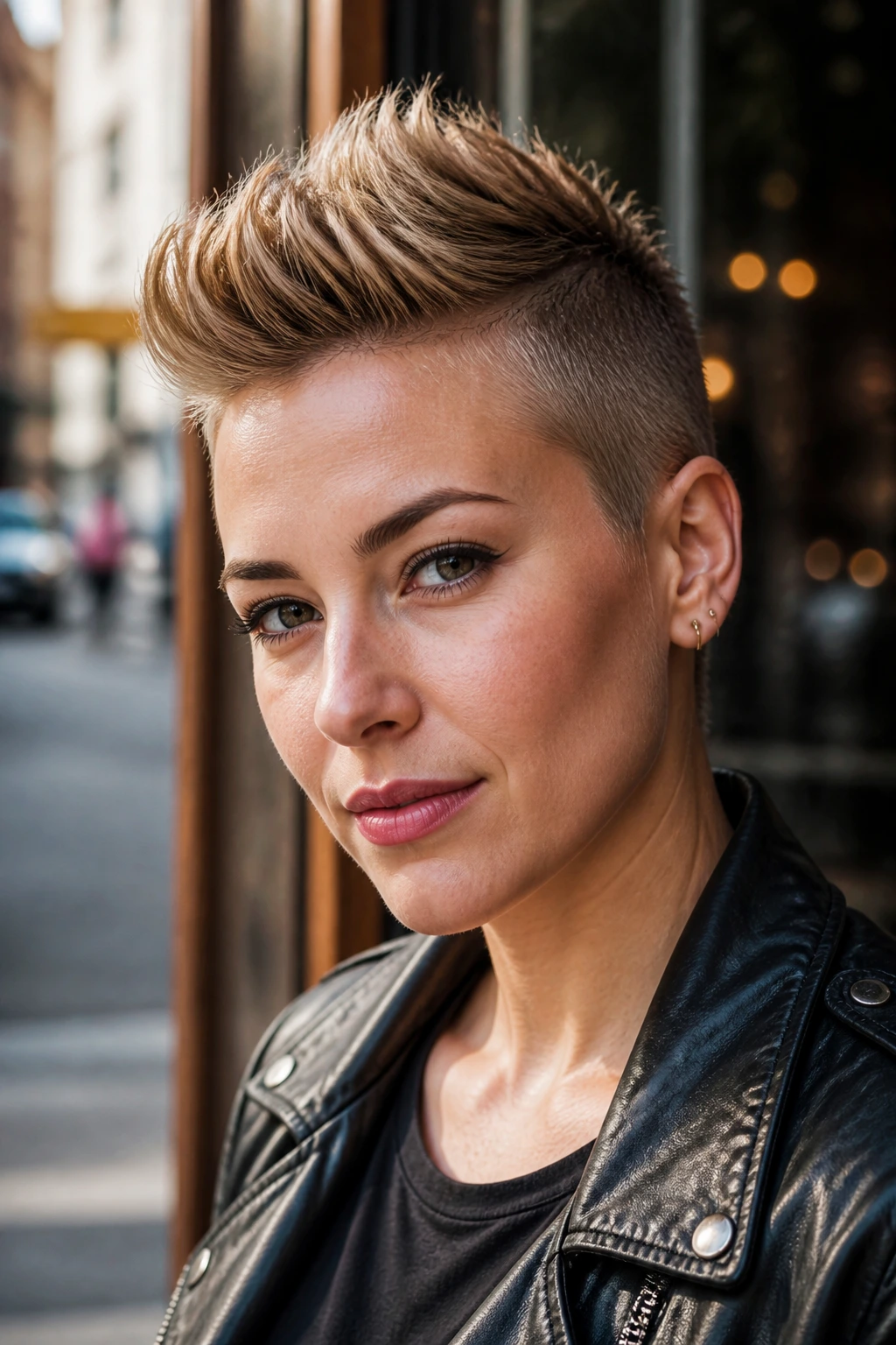Portrait of a real person with a classic short faux hawk in a casual street setting.