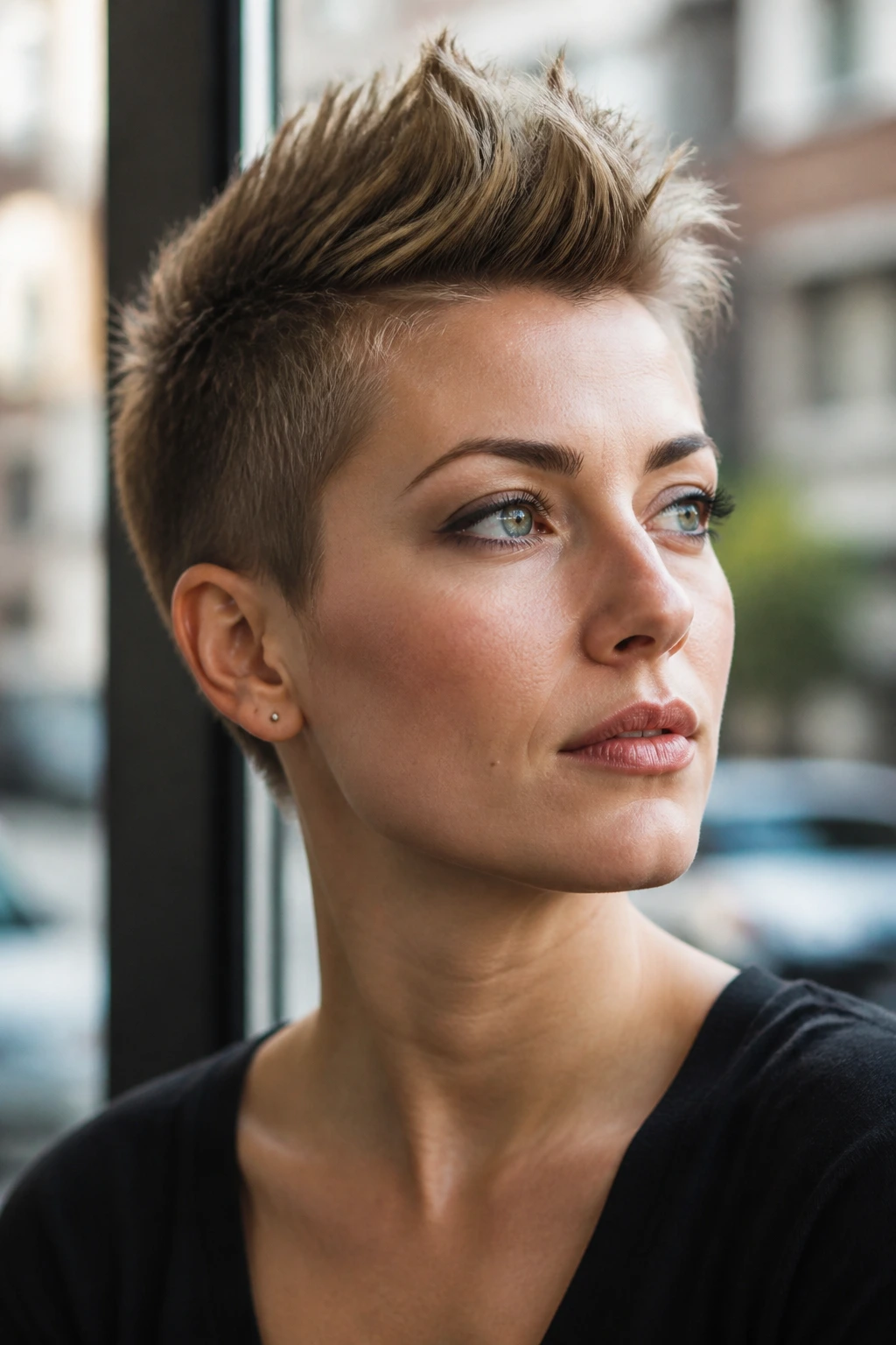 Close-up of a real person showing a subtle faux hawk with short sides
