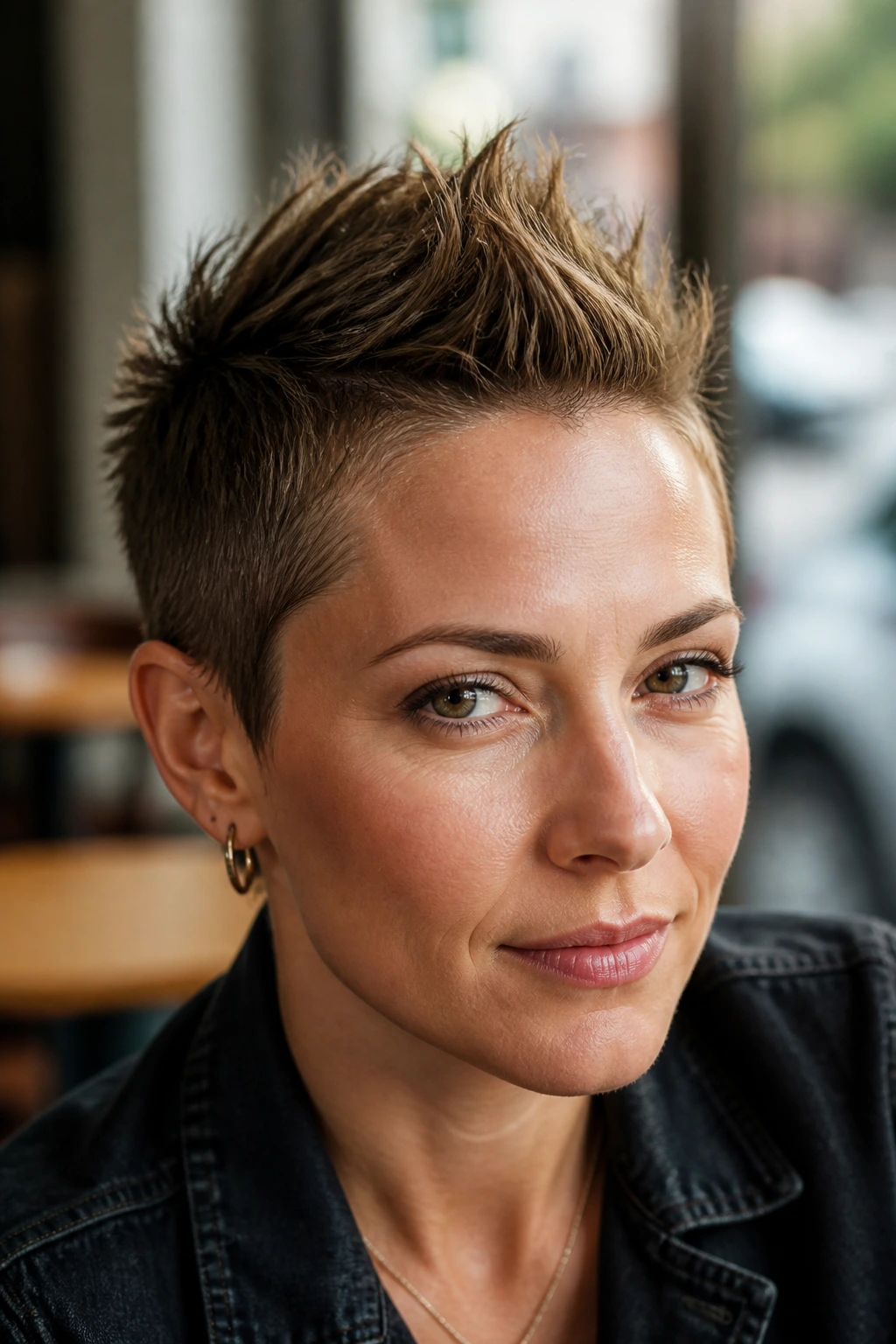 Close-up of a woman with a soft faux hawk hairstyle