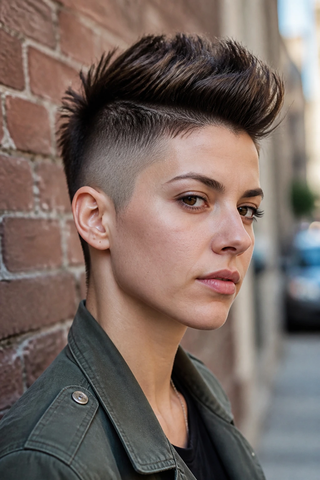 Close-up of a real person with a faux hawk side fade.
