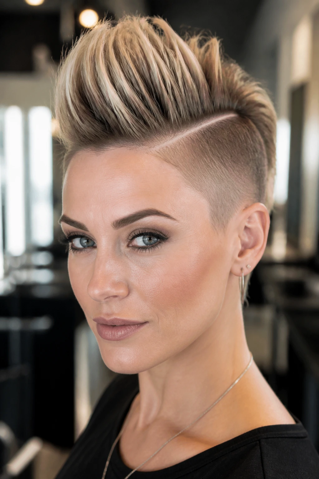 Close-up of woman with side-part lightning faux hawk hairstyle in a bright salon