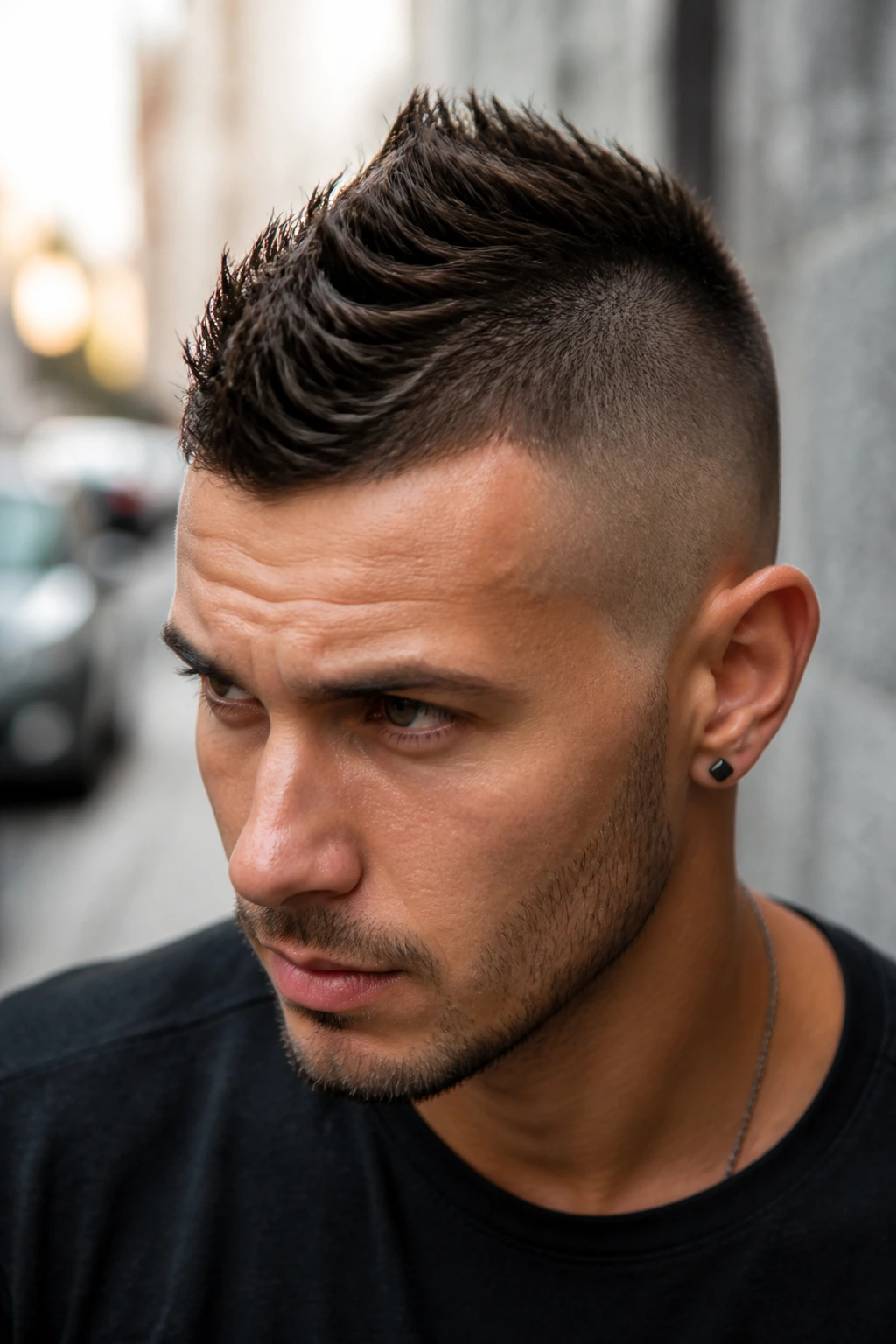 Man with faux hawk spikes close-up portrait showing center ridge